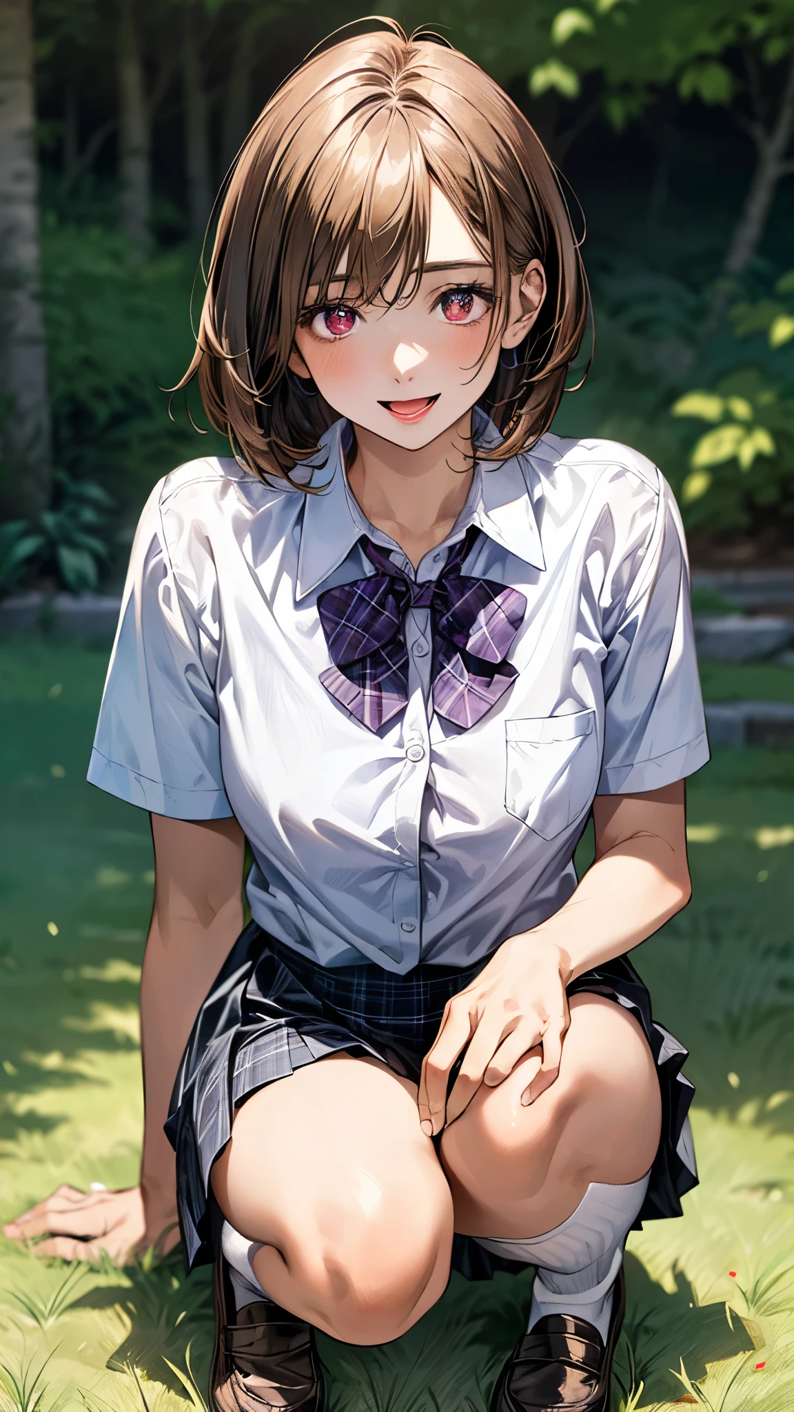 (masterpiece:1.3, top-quality, ultra high res, ultra detailed), (realistic, photorealistic:1.4), beautiful illustration, perfect lighting, natural lighting, colorful, depth of fields, surrealism,
beautiful detailed hair, beautiful detailed face, beautiful detailed eyes, beautiful clavicle, beautiful body, beautiful chest, beautiful thigh, beautiful legs, beautiful fingers, shiny skin, babyface,
looking at viewer, 1 girl, japanese, high school girl, (perfect anatomy, anatomically correct, super detailed skin), cute and symmetrical face, perfect face, perfect eyes,
(middle hair, bob cut, straight hair, copper tone hair), swept bangs, brown eyes, drooping eyes, big eyes, long eyelashes, (large breasts:1.2, seductive thighs), slender, outstanding style,
((detailed cloth texture, white collared shirt, purple plaid pleated skirt, purple plaid bow tie), white socks, black loafer),
(beautiful scenery), evening, (grassy), squatting, (glowing eyes, lovely smile, open mouth),