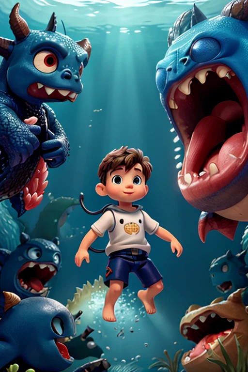 A , diver, in the depths of the ocean, (((fighting with monsters))). More detailed
