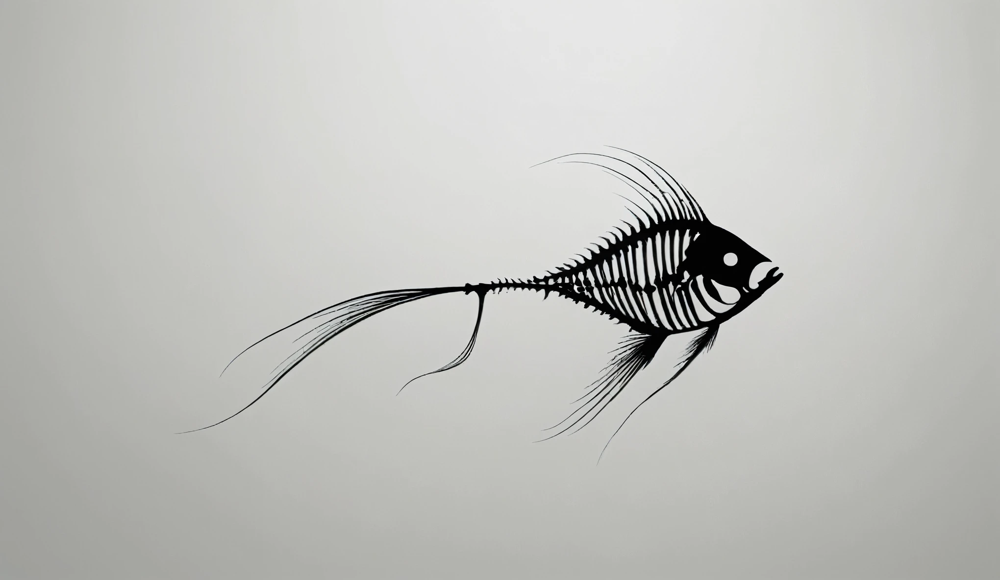 Create a simple and elegant fish's skeleton logo, shedding niobium tears. The design should convey a strong sense of sadness and melancholy, using a minimalist approach with clear lines and using only black, nicola samori,ben templsmith,Irina Yermolova