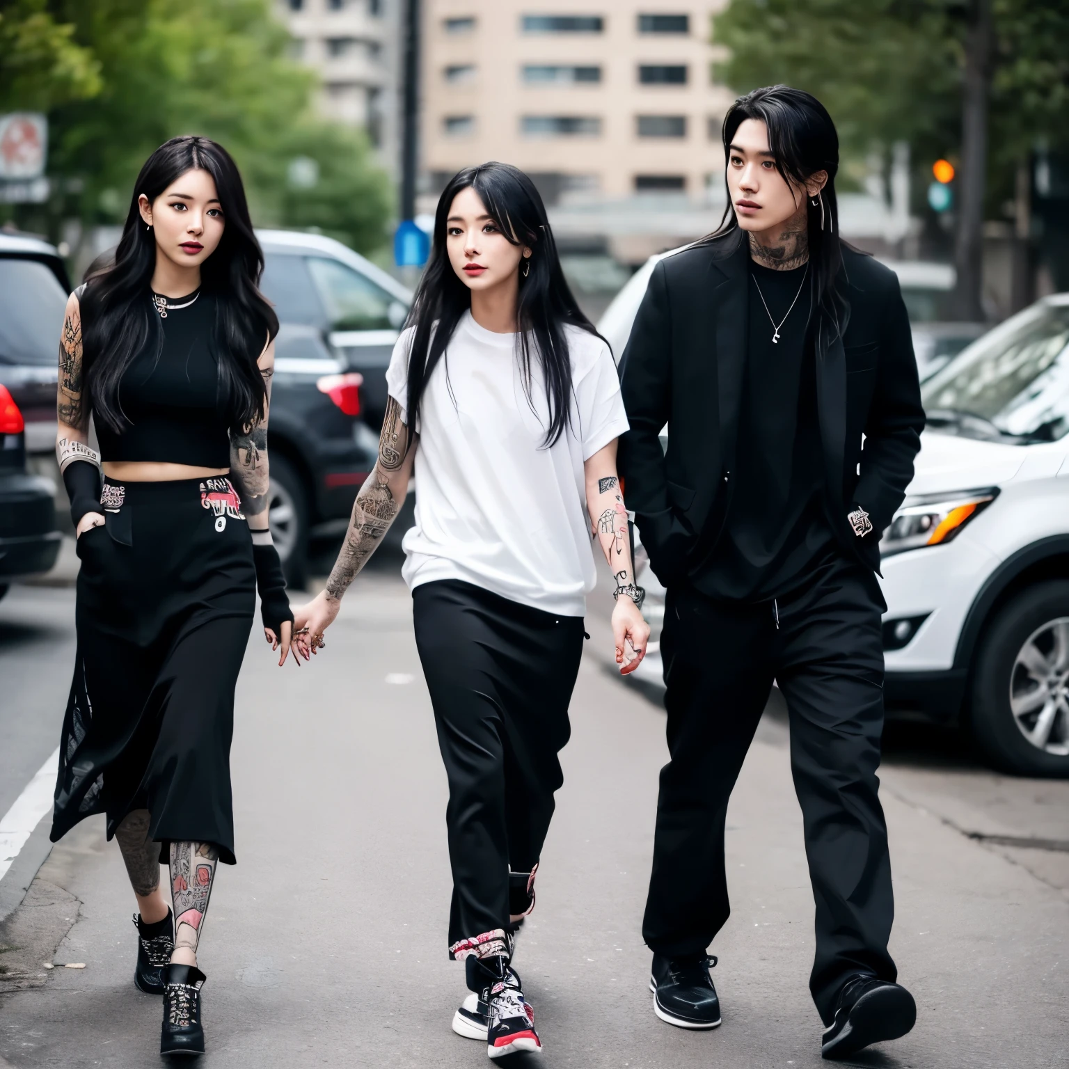 A handsome Ulzzang tattooed man dressed in black with hands in his pockets walking next to long haired Ulzzang woman dressed in black