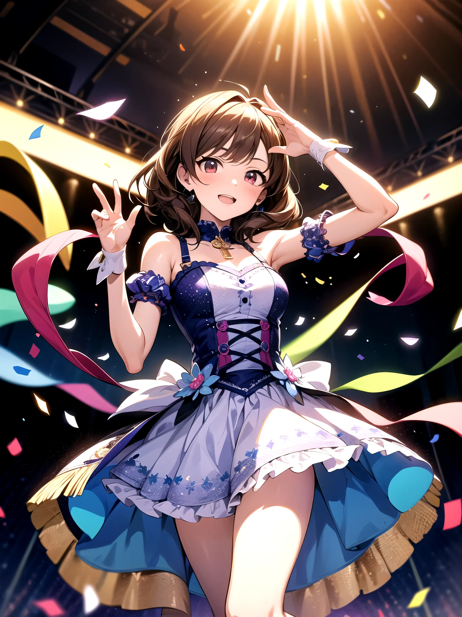 Idol girl in dress dancing on stage with confetti, a photo by Kamagurka, Pixiv Contest Winner, conceptual art, nightcore, splash art anime loli, sparkling magical girl, best anime 4k konachan wallpaper, anime moe art style, Detailed key anime art, official artwork, idolmaster, Cute, Cute in dress、Hands up、jumpping