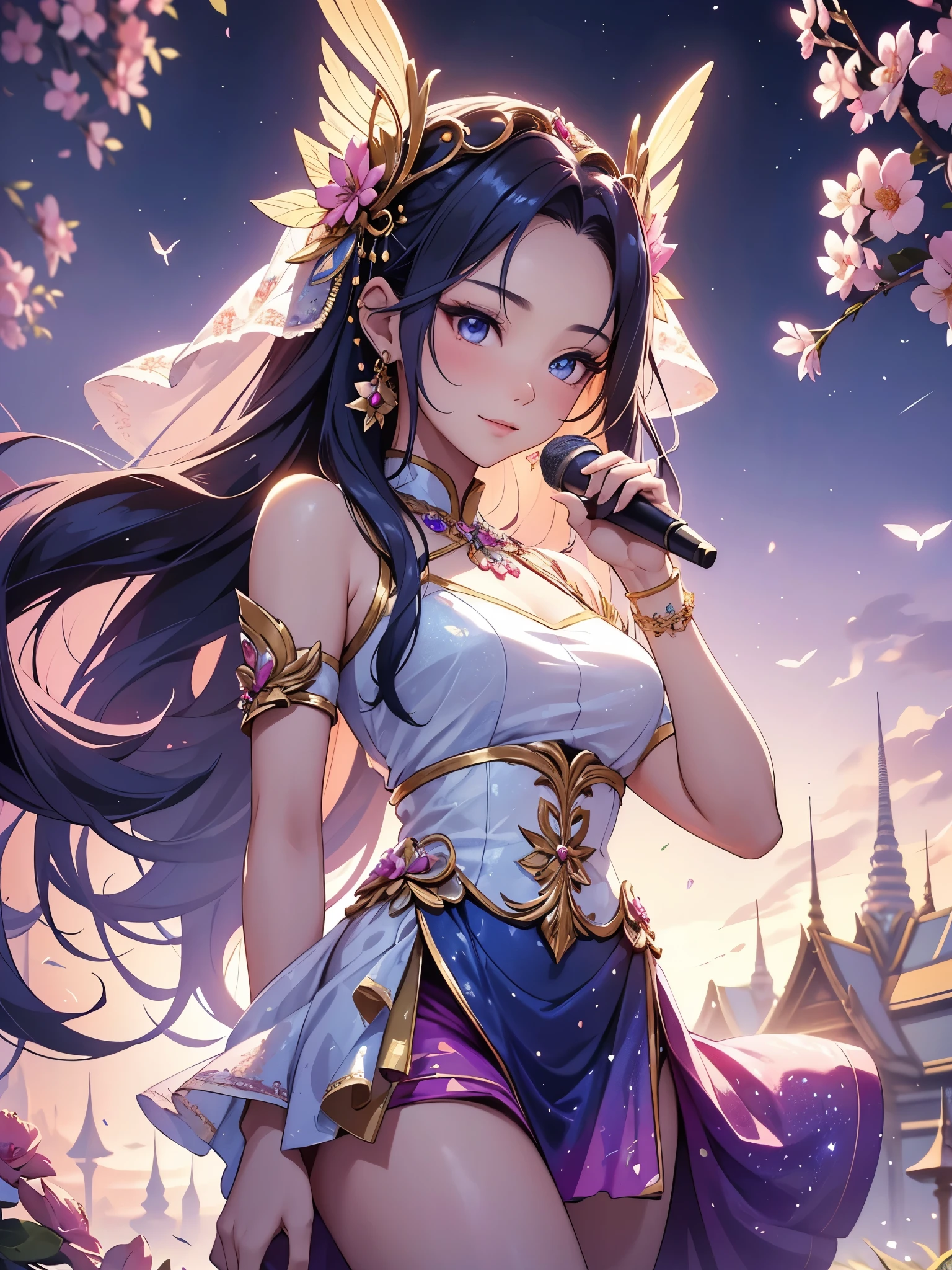 (best quality,4k,8k,highres,masterpiece:1.2),ultra-detailed,(realistic,photorealistic,photo-realistic:1.37),acrylic painting,beautiful Thai model in a ta dress with downy hair,beautiful Thai model with extremely colorful hair and detailed facial features,beautiful Thai model standing in a beautiful garden surrounded by a starry sky,beautiful Thai model wearing a vibrant Loliress,beautiful Thai model with intricate accessories and a matching hat,beautiful Thai model posing gracefully with her hands on her hips,beautiful Thai model with long flowing twintails,beautiful Thai model with bright blue eyes and rosy lips,beautiful Thai model with a joyful expression,beautiful Thai model in a dynamic pose with cherry blossoms falling around her,beautiful Thai model surrounded by colorful flowers and butterflies,beautiful Thai model's dress adorned with cute bows and lace details,beautiful Thai model with an enchanting smile,beautiful Thai model with soft, pastel-colored shading,beautiful Thai model with a magical glow illuminating her,beautiful Thai model in a picturesque setting with a winding path leading to a magnificent castle,beautiful Thai model holding a microphone and singing passionately,beautiful Thai model with a fairytale-like background,beautiful Thai model with a soft, dreamy atmosphere,beautiful Thai model with a subtle bokeh effect,beautiful Thai model standing under a moonlit sky,beautiful Thai model with a warm, golden sunset in the background,beautiful Thai model surrounded by twinkling stars and colorful nebulae,creating an ethereal and captivating artistic masterpiece.