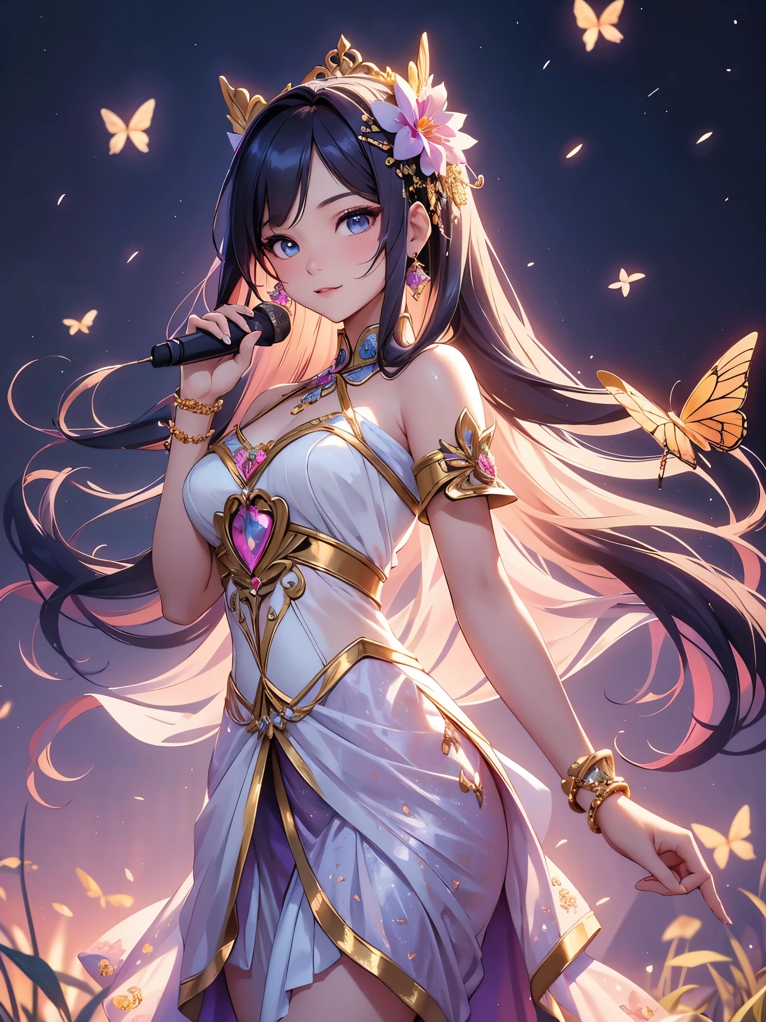 (best quality,4k,8k,highres,masterpiece:1.2),ultra-detailed,(realistic,photorealistic,photo-realistic:1.37),acrylic painting,beautiful Thai model in a ta dress with downy hair,beautiful Thai model with extremely colorful hair and detailed facial features,beautiful Thai model standing in a beautiful garden surrounded by a starry sky,beautiful Thai model wearing a vibrant Loliress,beautiful Thai model with intricate accessories and a matching hat,beautiful Thai model posing gracefully with her hands on her hips,beautiful Thai model with long flowing twintails,beautiful Thai model with bright blue eyes and rosy lips,beautiful Thai model with a joyful expression,beautiful Thai model in a dynamic pose with cherry blossoms falling around her,beautiful Thai model surrounded by colorful flowers and butterflies,beautiful Thai model's dress adorned with cute bows and lace details,beautiful Thai model with an enchanting smile,beautiful Thai model with soft, pastel-colored shading,beautiful Thai model with a magical glow illuminating her,beautiful Thai model in a picturesque setting with a winding path leading to a magnificent castle,beautiful Thai model holding a microphone and singing passionately,beautiful Thai model with a fairytale-like background,beautiful Thai model with a soft, dreamy atmosphere,beautiful Thai model with a subtle bokeh effect,beautiful Thai model standing under a moonlit sky,beautiful Thai model with a warm, golden sunset in the background,beautiful Thai model surrounded by twinkling stars and colorful nebulae,creating an ethereal and captivating artistic masterpiece.