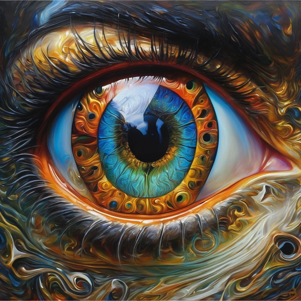 Devil's Eye imagination double exposition art paysager fantastique sombre, éclairage d'accentuation avec lumière soufflée, insane and complex details, bel oeil effrayant, superb detail of the oil painting,