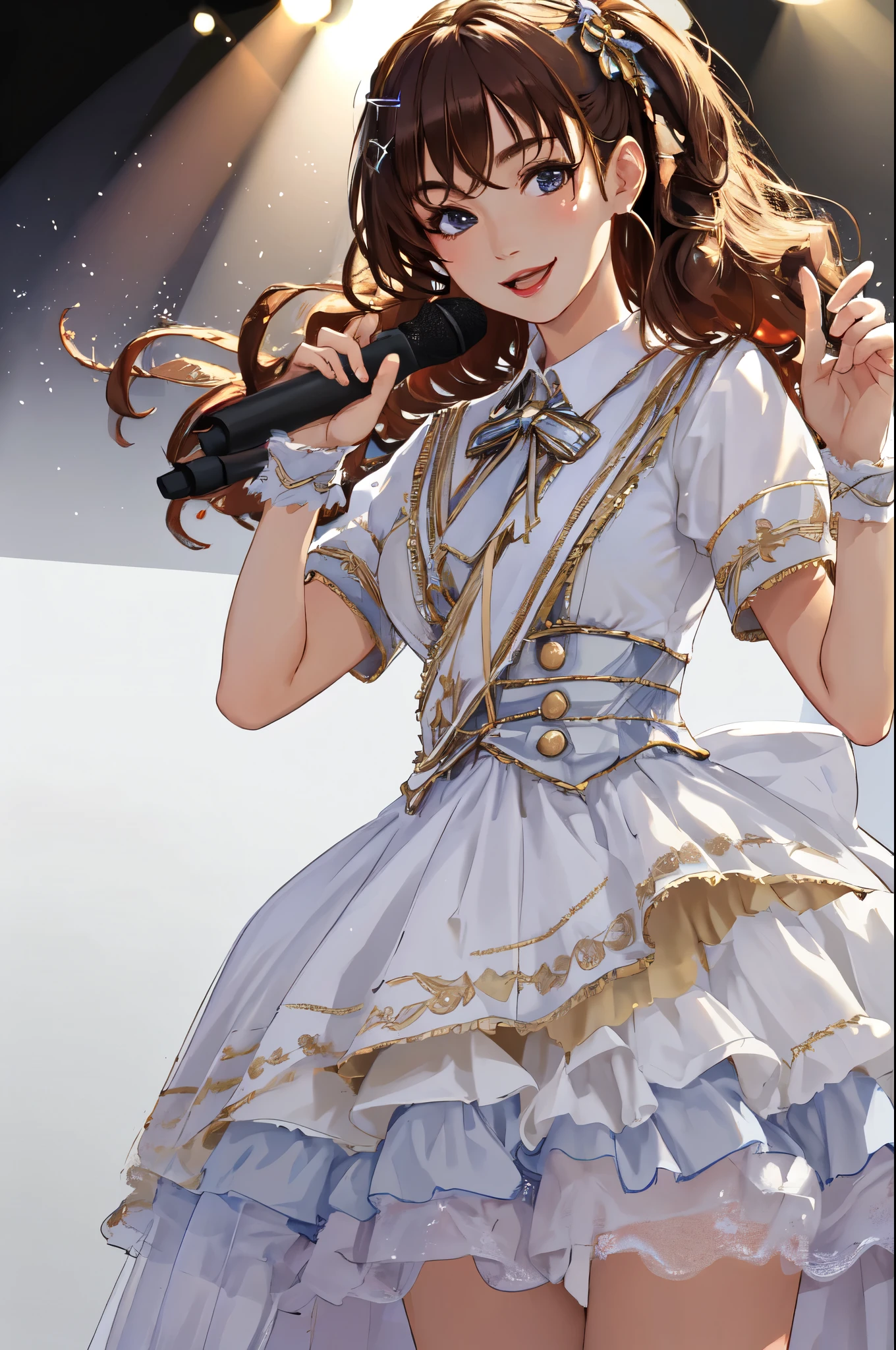 (masterpiece, best quality, highres, absurdres:1.1), 1girl, solo, realistic,photoshop \(medium\), idol_singing_costume,in stage, stage lighting, stage spotlight, looking at viewer, smile, light_version,  