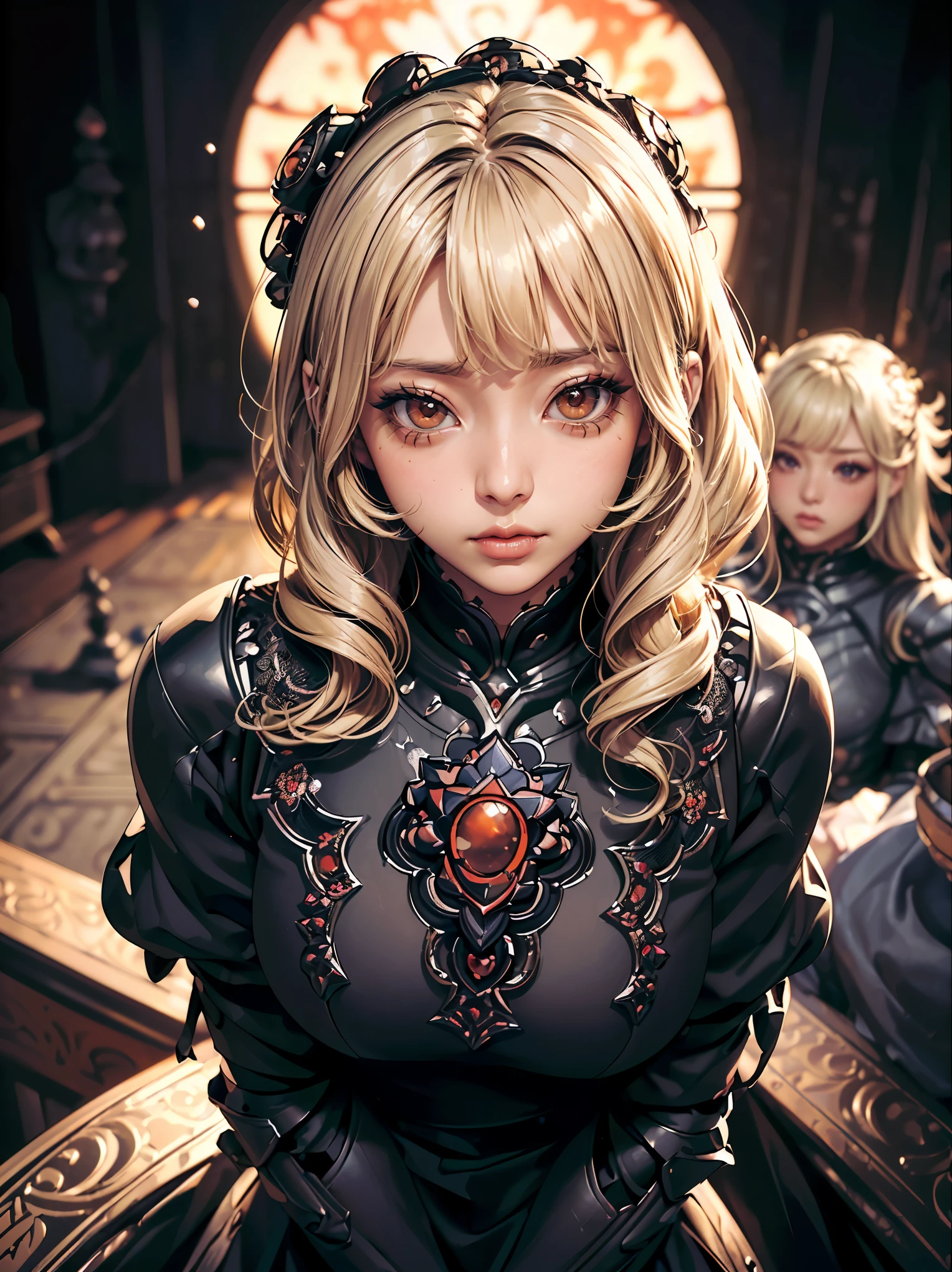 Surreal、Delicate and detailed line drawingasterpiece、highest quality、Highest quality、(One Woman、16 years old、(Blonde、Hime cut, Wavy Hair, Middle Hair:1.2)、(Natural Makeup、Eyelash extensions、Sharply draw eyelashes、Eyebrows are thin and short、Deep orange blush:1.1)、(Staring at the audience, Spaced out、Looks sleepy、The mouth is open、A little red cheeks:1.3)、(disaster々Full plate armor of black iron with elaborate ornamentation, Densely detailed dress armor, Dark Knight:1.3)、garden、A mysterious scene with light pouring down, (Blur the background:1.3)、(The subject is viewed from above:1.1)、Photo from thigh up