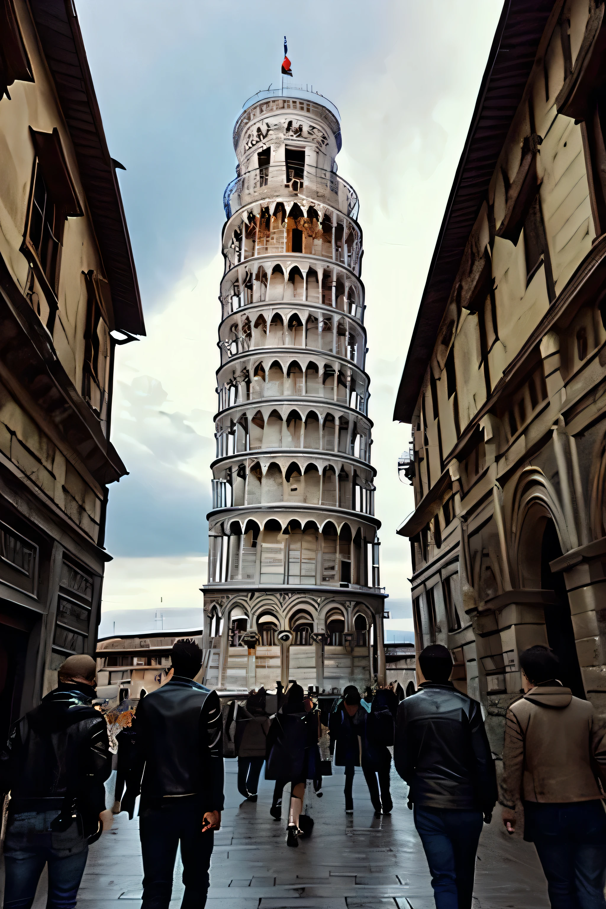 Tower of Pisa、Spooky atmosphere、There are several men wearing leather jackets.
