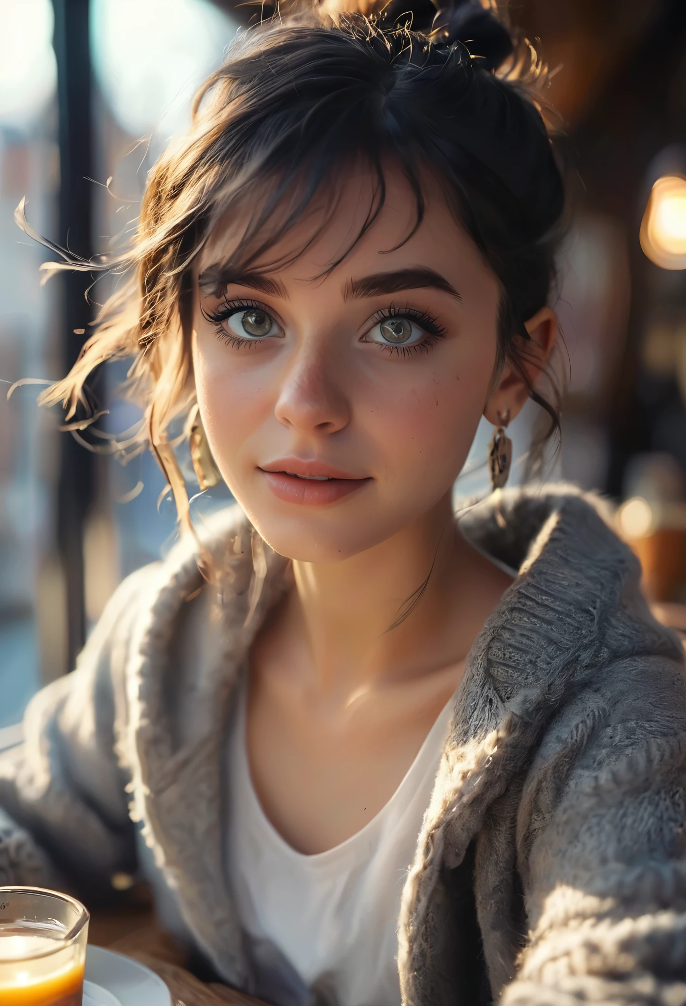 Eine junge, dark-skinned, Frau, 22 Jahre alt, sehr schlank, perfektes Gesicht, dunkle Augen, leicht offener Mund, dunkle Arbeitskleidung, stehend, In einem Cafe, in Hamburg, cozy furnishings, Espressomaschine, Tasse Kaffee, streaked hair, black hair, asymmetrical hair, double bun, hair behind ear, hair between eyes, short hair, hair strand, hood, hood, hollow eyes, hollow eyes, eye reflection, longeyelashes, hollow eyes, earrings, crescent earrings, makeup, open mouth, light smile, jitome, naughty face, depth of field, cinematic lighting, close-up, from side, Sony FE, 35mm, anatomically correct, masterpiece, textured skin, high details