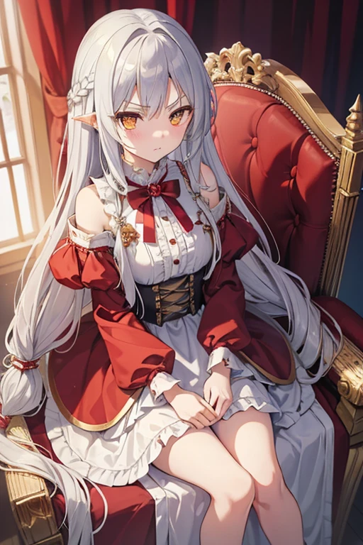 masterpiece, highest quality, High resolution, 14-year-old girl、Golden Eyes、
Silver Hair, A little angry、Braiding、Crimson frill dress, Clothes with puffy shoulders、flare skirt、Very Long Skirt、Castle、Sitting on the throne、The knights are lined up around