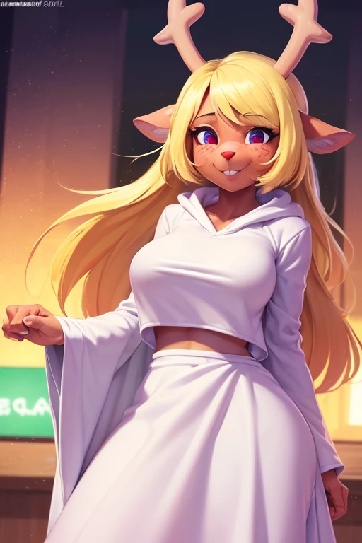 (noelle, furry female anthro, blonde hair, deer girl, red deer nose, white eyes, white pupils, white robe, hooded robe, big breasts, midriff), blushing, hands on hips, wide hips, green neon city, smiling