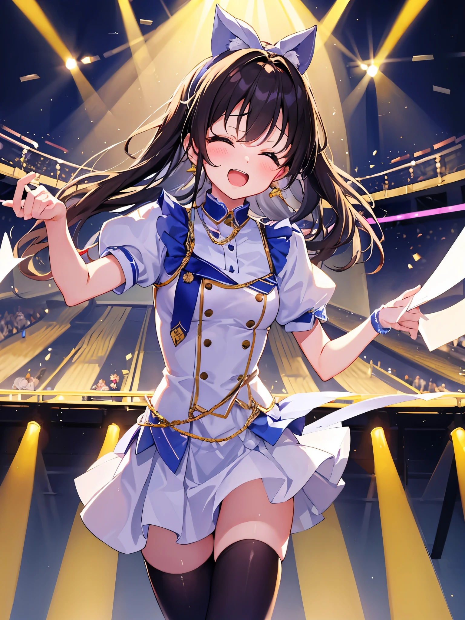 A 17-year-old high school girl、During her idol debut concert、Draw a moment of enthusiasm。The hall of the stage is illuminated by shining stage lights.、Lots of fans are full of joy。She held the microphone、It is a moment that touches the hearts of the audience with a passionate singing voice。The audience was excited.、The hall shook with applause、Everyone present is fascinated by her singing voice。This immersive moment is described in detail.、Try to convey the emotions of the audience or her passion to the reader and the audience。