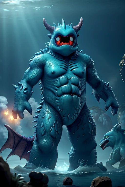 A monstrous creature, in the depths of the ocean, (((fighting monsters))). More detailed