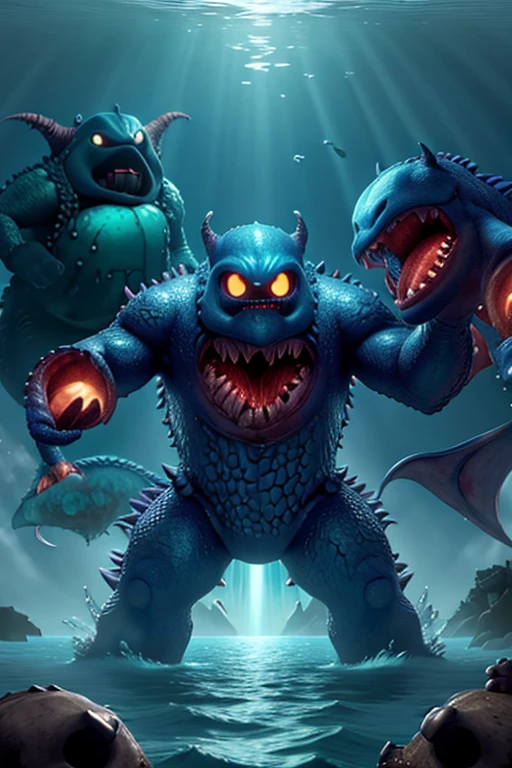 A monstrous creature, in the depths of the ocean, (((fighting monsters))). More detailed