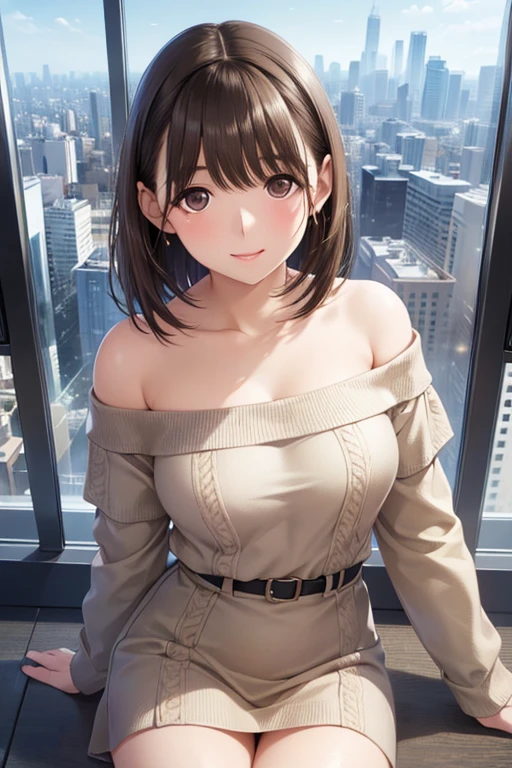 highest quality、超A high resolution、(Photorealistic:1.4)、Beautiful Eyes、Super Beauty、highest quality, masterpiece, High resolution,
(Shiny brown hair, short hair, ((Brown eyes))、smile、Sparkling eyes, (Fine grain)、Ultra-detailed eyes、),
Laugh with your mouth wide open、Wearing off-the-shoulder knitwear and leather uppers in high definition、Powerful Images、8K Slender Woman、Skyscraper observation deck background、
