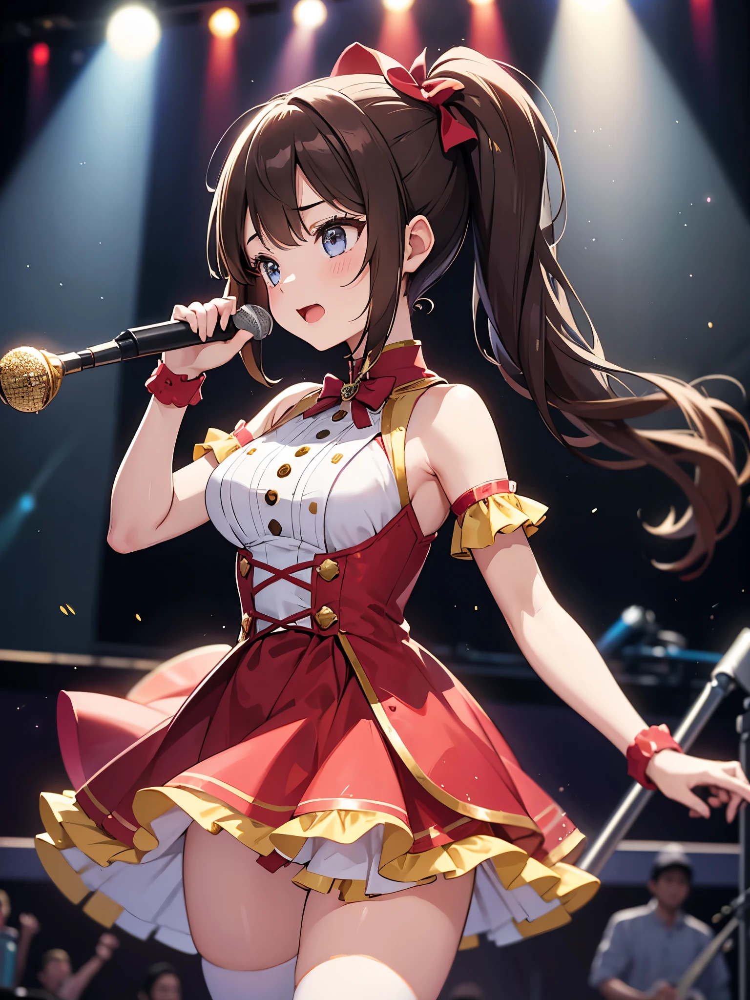 A girl with brown pigtails stands on a band stage, dressed in glittering idol costumes. Her sparkling attire reflects the vibrant lights of the stage, creating a mesmerizing visual effect. This masterpiece is crafted with the best quality, ensuring ultra-detailed precision and showcasing every intricate detail of the girl's outfit and features. Her pigtails sway gently as she performs, adding a touch of movement to the scene. The vibrant colors and sharp focus of the image bring out the energetic atmosphere of the concert. The stage is bathed in a mix of warm and cool tones, enhancing the overall ambiance. With the combination of professional lighting and a carefully curated composition, this artwork captures the essence of the girl's charm and the excitement of the performance.