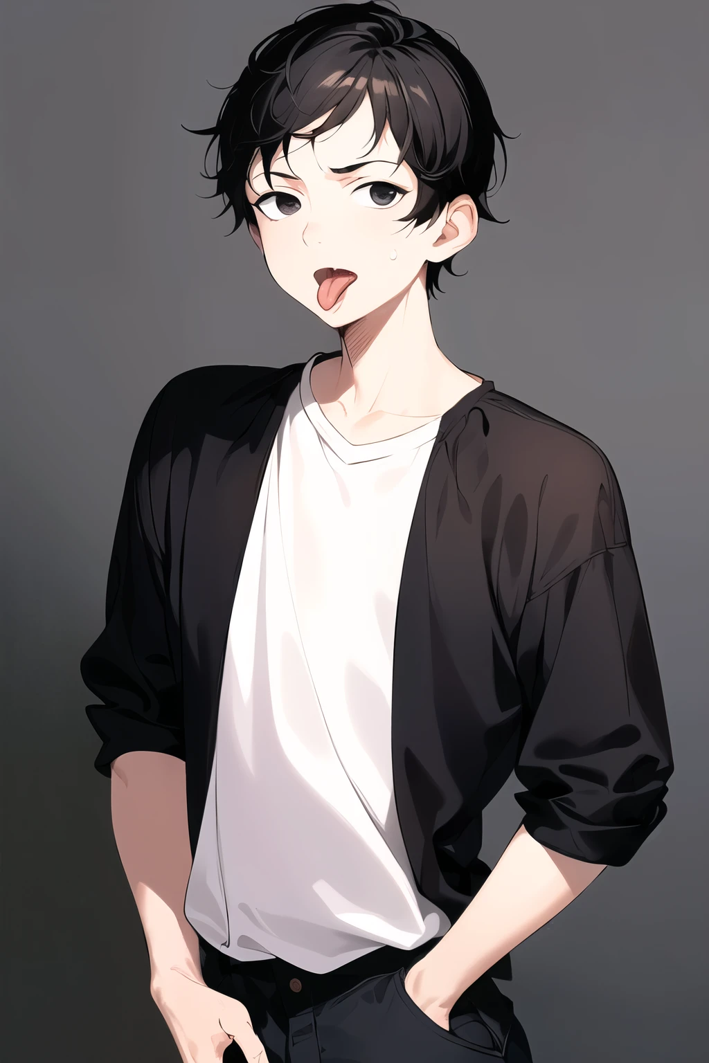 masterpiece, best quality, absurdres, highly detailed, 1man, short hair, black hair, black eyes, hands behind back, shirt, short pants, sad, skinny, stupid face, ugly, open mouth, tongue sticking out, simple white background, professional lighting, full body, cowboy shot