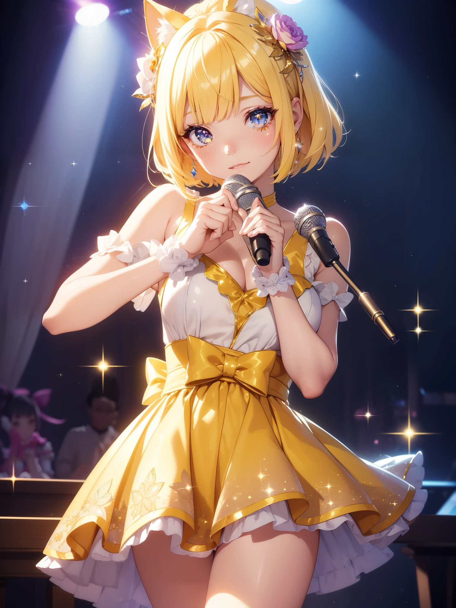 masutepiece, High resolution, 8K, anime woman, Delicate and detailed writing 、Detailed digital illustration、Short hair、perm、bob cuts、Shiny hair、Bangs、a very beautiful woman、Eyes are double, Large, Bust is D cup、High image quality, High quality、Detailed background、(((Wearing idol clothes)))、((Glittering live stage backdrop))、The inside of the eye shines like a diamond、Light yellow hair、Gradient pupil、(((2 arms、4 fingers, 1 thumb)))、Detailed female face、Very beautiful and cute woman、、Detailed background、​masterpiece、Soft Focus , Bright gradient watercolor , Lens Flare , (((Glitter))) , Glow , Dreamy , (((Holding a glitter microphone in your hand)))、a miniskirt、Idol、Yellow Ribbon、Very beautiful yellow rose hair accessories、Yellow and gold costume with white as the main color、((Straight at the angle of the front))、Glitter Cat Ear Headband、(((Take an idle pose)))、lively girl