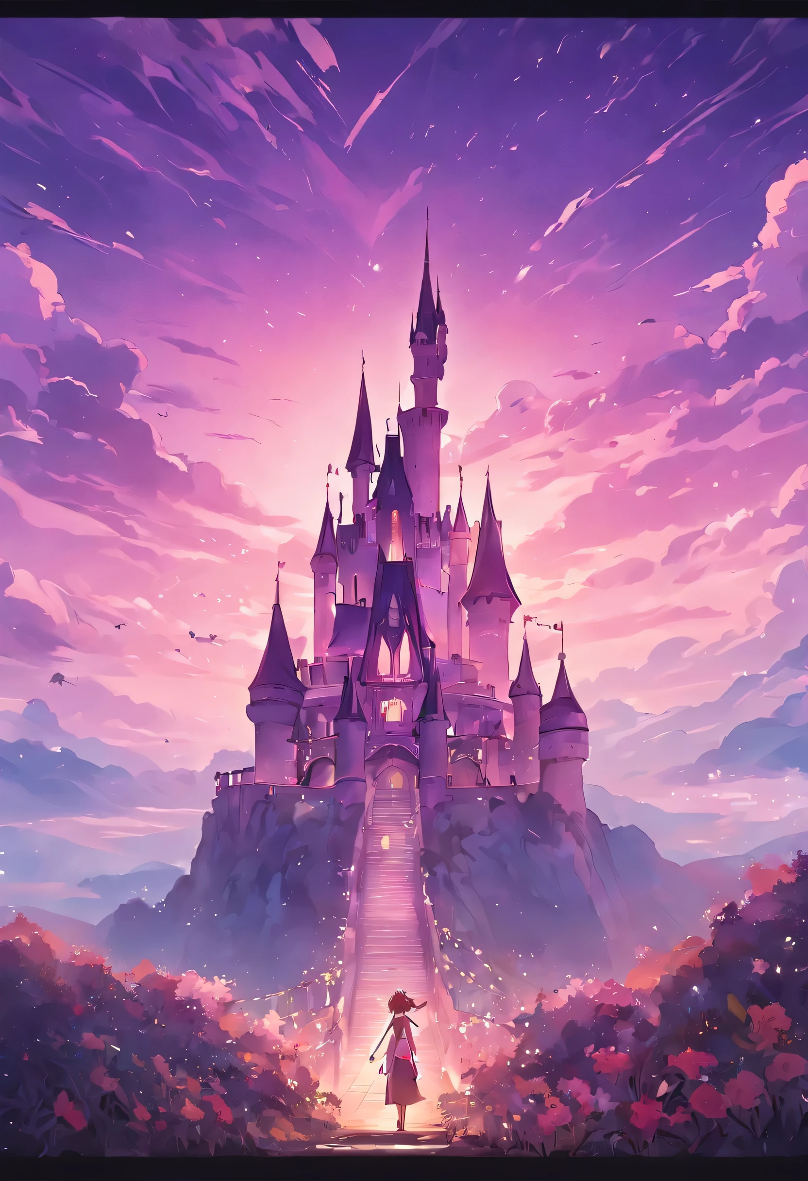 Disney castle, sunset, purple sky, fog distance, Rapunzel castle, sweet colors, desatureted