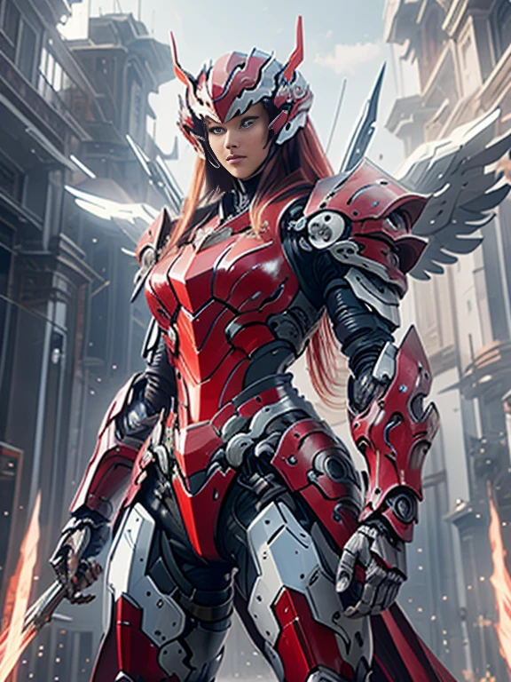 Photorealistic image ((Masterpiece)), ((high quality)) UHD 8K, of a beautiful girl, slim and realistic mecha transforming Robot, (medium chest), (skinny waist), (long red hair), (blue eyes), ((Hyper-realistic mecha armor, with red metal and intricate ice red lights)), (((front body view))), (in combat position, in a futuristic ship, science fiction