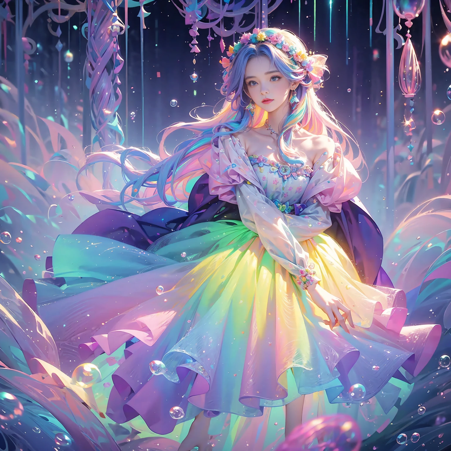 masterpiece, highest quality, Intricate details, Excellent anatomy、beautiful girl, Sparkling eyes, Otherworldly liquid fantasy background, watercolor, Bright and vibrant colors, Whimsical, colorful, Layered tiered puffy long sleeve ball gown, ((Rainbow bubbles))