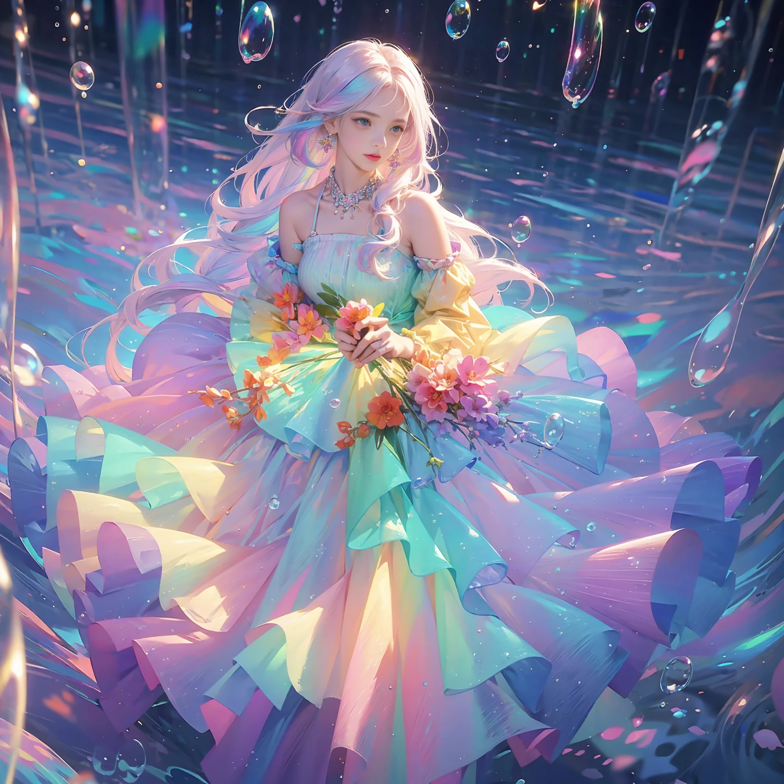 masterpiece, highest quality, Intricate details, Excellent anatomy、beautiful girl, Sparkling eyes, Otherworldly liquid fantasy background, watercolor, Bright and vibrant colors, Whimsical, colorful, Layered tiered puffy long sleeve ball gown, ((Rainbow bubbles))