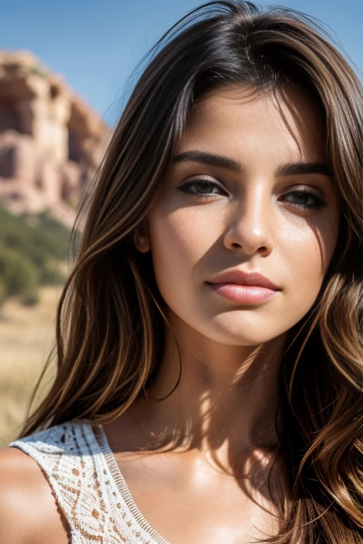 1 fille dans, 19 ans, Seulement, Aesthetic work, a beautiful Algerian Kabyle girl, wavy light brown hair, kabylian hair style, cheveux longs, beau visage berbère kabyle, yeux marron clair-vert, peau claire, visage mince, corps des coureurs, portant une un ensemble, (textured skin, pores de la peau:1.1), chair de poule, seductive pose, (outside:1.1), Djurdjura National Park in the background, sunny, natural light, Nikon Z8 + NIKKOR Z 24-120 mm f./4S