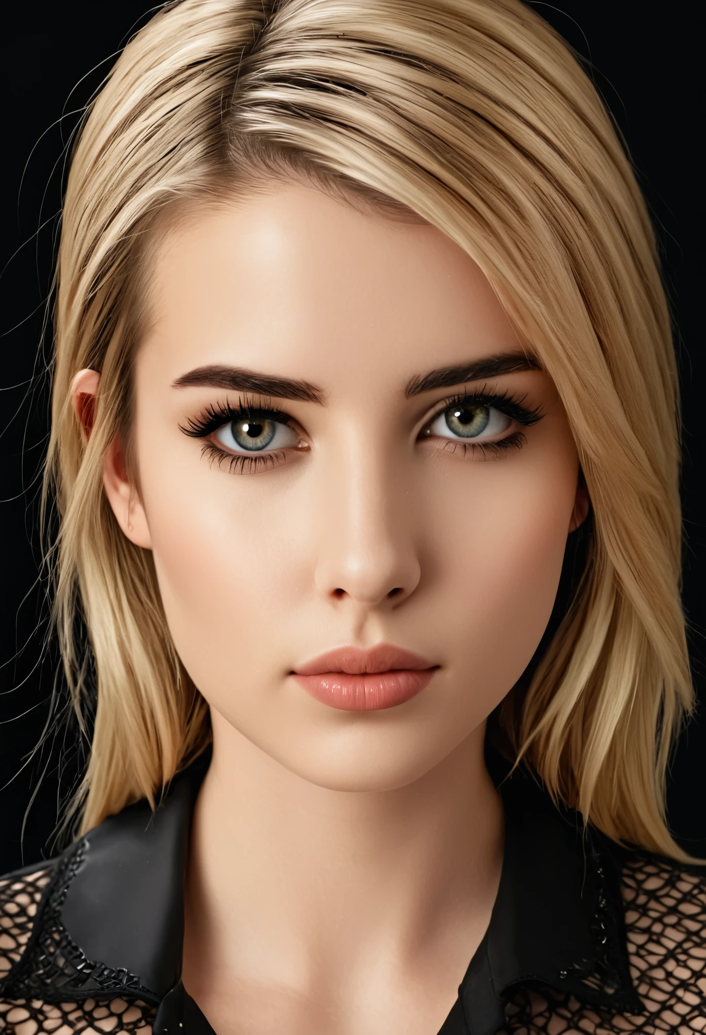 (highres,photorealistic)A girl with a black shirt, close up headshot, with beautiful detailed eyes and lips. She has long eyelashes that enhance her features. The lighting highlights her features and brings out the sharp focus of the image. The girl is positioned in a way that her face fills the frame, creating an intimate and captivating composition. The background is blurred, leaving all the attention on her. The overall color tone is warm and vibrant, with vivid colors that enhance the realism of the image. The image quality is of the highest caliber, with ultra-detailed rendering and a realistic depiction of the subject. The girl's expression and pose exude confidence and allure, adding depth to the portrait. The artwork is created using a combination of digital illustration and photographic techniques, resulting in a masterpiece.