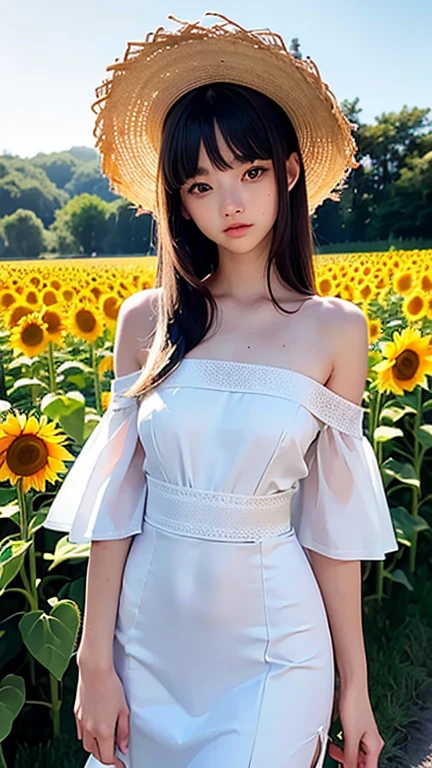 (best quality), (very aesthetic), (ultra-detailed), (best illustration), a small girl, solo, teenage, 12 years old, (baby face : 1.2), (slouching forward : 1.2) , slim body type, black midium hair, blunt bangs, (height 158cm : 1.2), (top bust 85cm : 1.2), (under bust 65cm : 1.2), (waist 55cm : 1.2), (hips 82cm : 1.2), (very blushing), sunflower field, white long dress, off shoulder, straw hat, docile character
