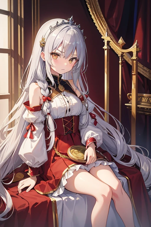 masterpiece, highest quality, High resolution, ****************、Golden Eyes、
Silver Hair,  A little angry、Braiding、Crimson frill dress, Clothes with puffy shoulders、flare skirt、Long skirt、Tiara on head、city、Sitting on the throne、Medieval knights lined up in the background