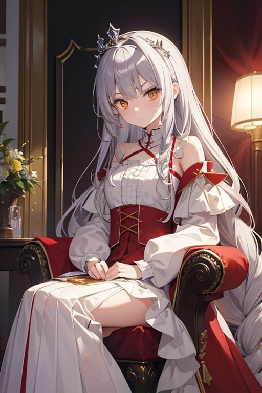 masterpiece, highest quality, High resolution, -yeld giGolden Eyes、
Silver Hair,  A little angry、Braiding、Crimson frill dress, Clothes with puffy shoulders、flare skirt、Long skirt、Tiara on head、city、Sitting on the throne、Medieval knights lined up in the background