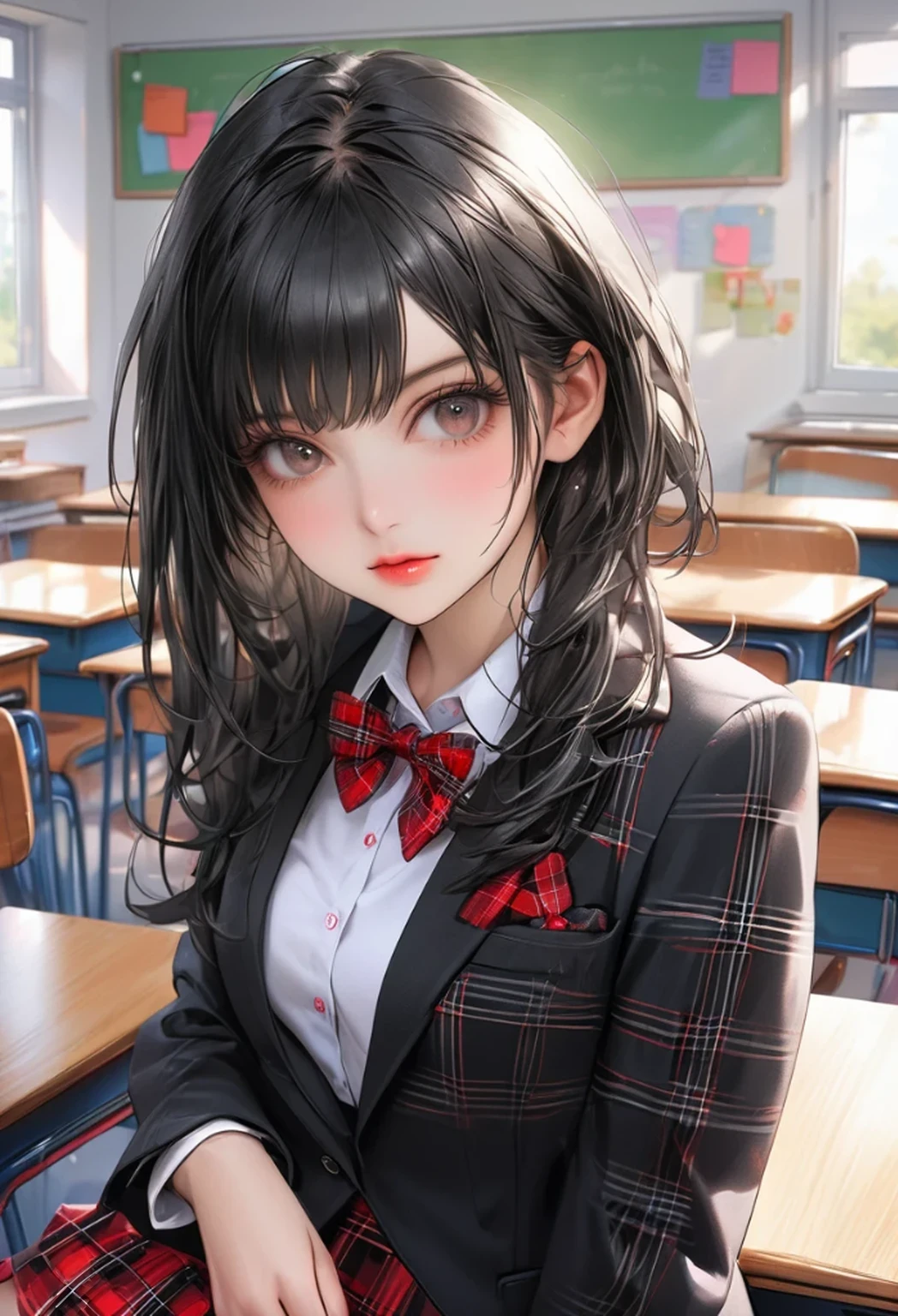 masterpiece, highest quality, 16k, unbelievably absurd, very detailed, perfect beauty, beautiful cute girl, in a beautiful pose, jet black hair, modern sauvage bob hair, through bangs, vibrant colors, raw photo, portrait, classroom, schooluniform(blazer,plaid red bow tie,plaid 
 red mini skirt), 