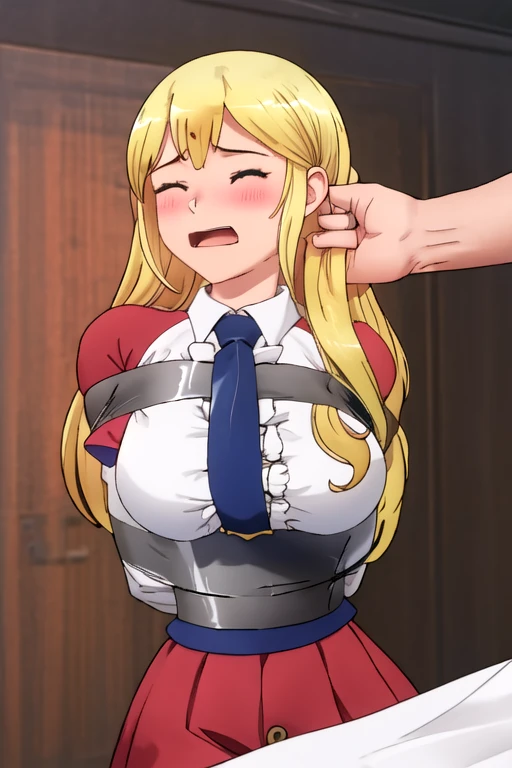 masterpiece, absurdres, 1girl, enome, length hair, floating hair, blonde hair, large breasts, breasts out,Bound, Bondage, (arms behind back:1.4), BDSM, tape, TAPE BONDAGE, close-up, srestrained, best anatomy, Curled up, embarrassed face, shout, closed eyes, screaming, Upper body, blushing face, humiliation, desperate, (front), (men touching her), holding hair, pov hand pulling hair, hair played, hair toying, (men brushing her hair)