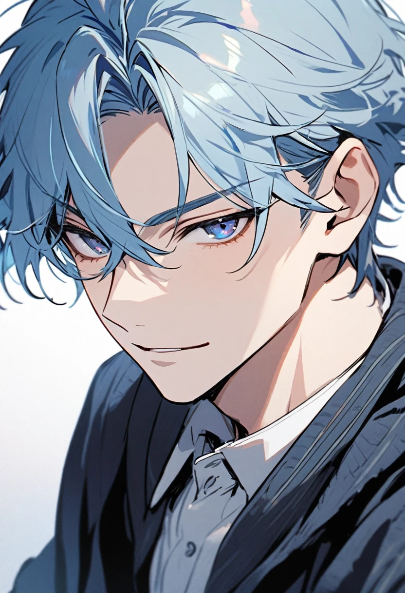 Handsome, solo, 1 male, light blue hair, dark blue eyes, 1 man