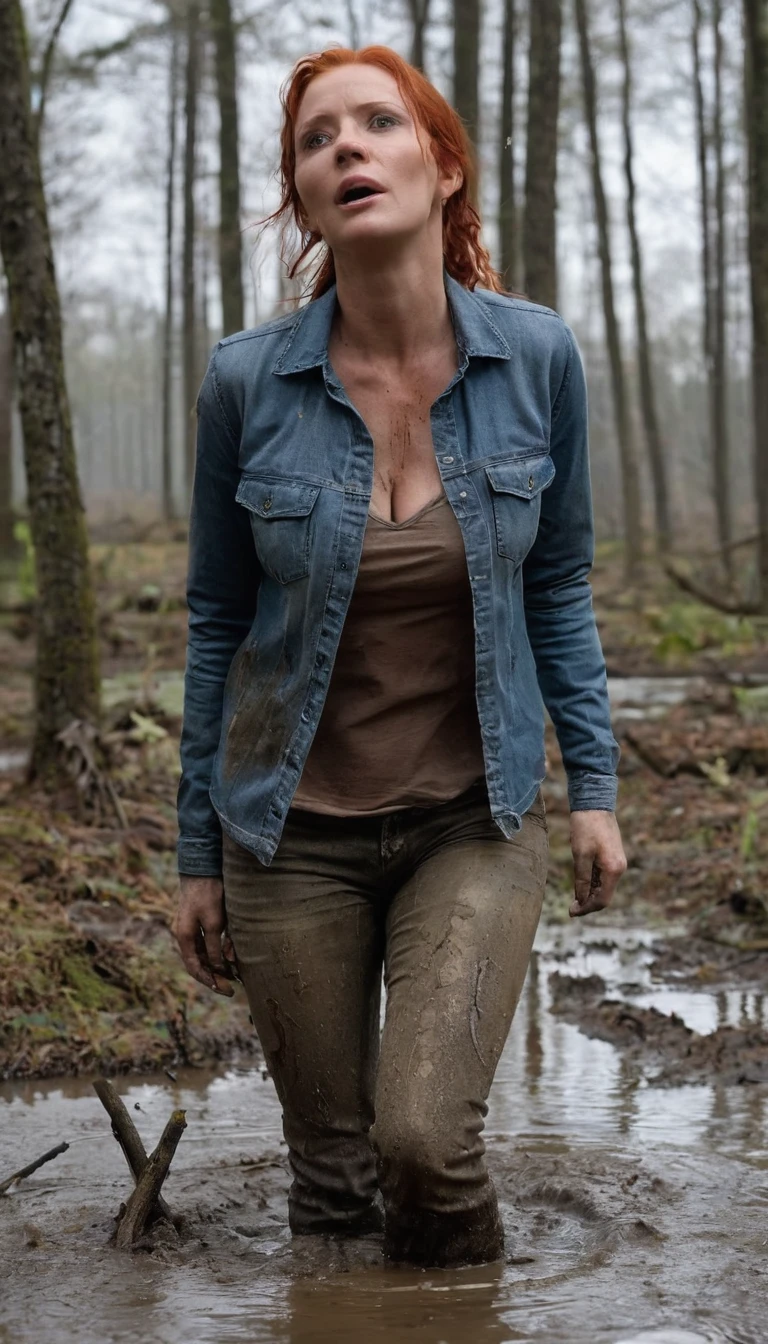 Hyper-realistic, ultradetailed, Raw, masterpiece. dark forest. 40-years-old woman is caught drowning in a quicksand sticky cement bog. The swamp sexually devours her body. ((on face: fright, depraved)). ((soaked muddy jeans)), (flannel shirt), shortness of breath, shameful, loses control of himself, ((Trapped in lust, defenseless)), Copper-red hair, sweat, hard breath