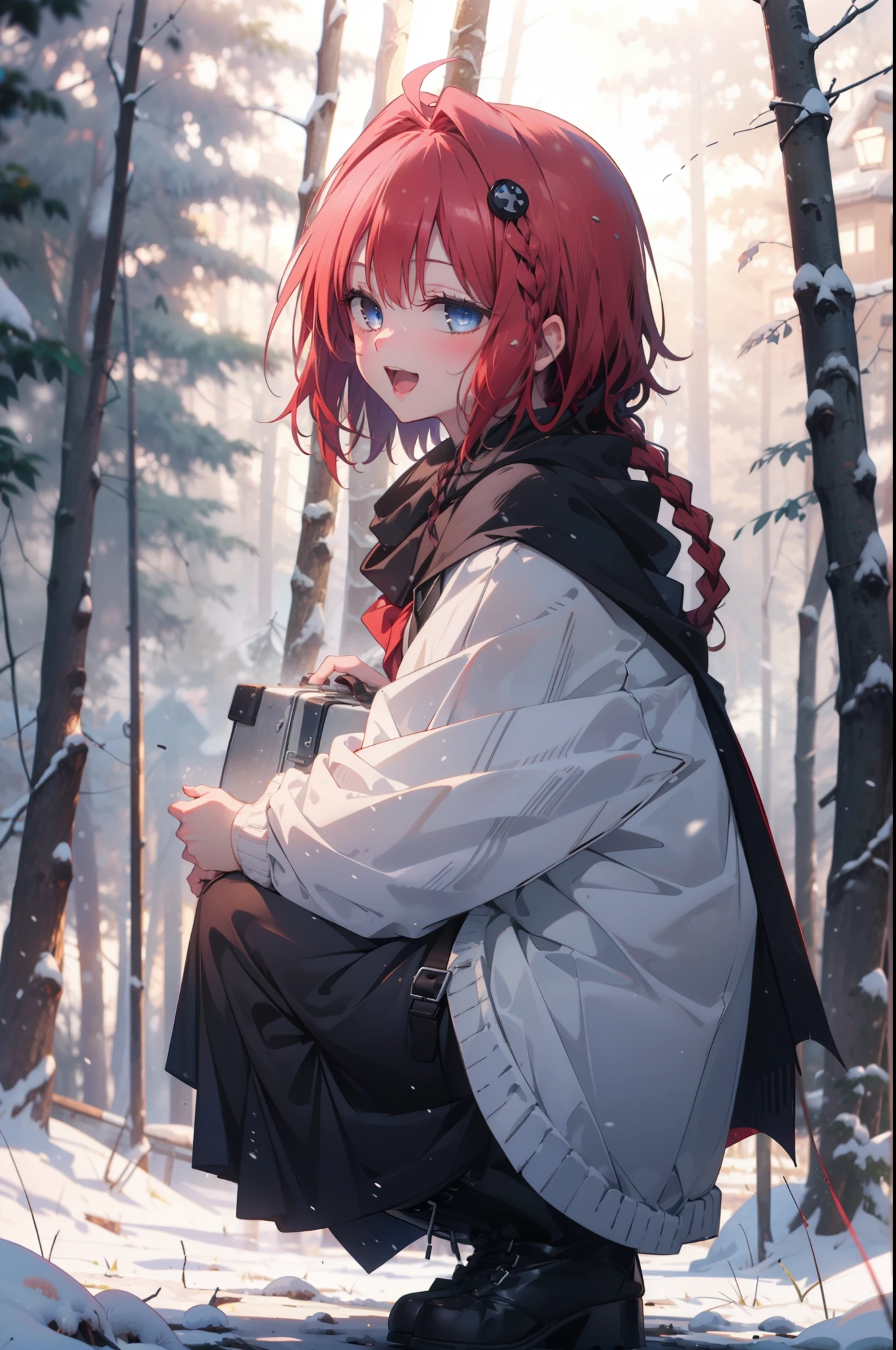 kurosaki mea,happy smile, smile, Open your mouth,Redhead,Long braids,White Breath,
Open your mouth,snow,Ground bonfire, Outdoor, boots, snowing, From the side, wood, suitcase, Cape, Blurred, having meal, forest, White handbag, nature,  Squat, Mouth closed, Cape, winter, Written boundary depth, Black shoes, red Cape break looking at viewer, Upper Body, whole body, break Outdoor, forest, nature, break (masterpiece:1.2), highest quality, High resolution, unity 8k wallpaper, (shape:0.8), (Beautiful and beautiful eyes:1.6), Highly detailed face, Perfect lighting, Highly detailed CG, (Perfect hands, Perfect Anatomy),