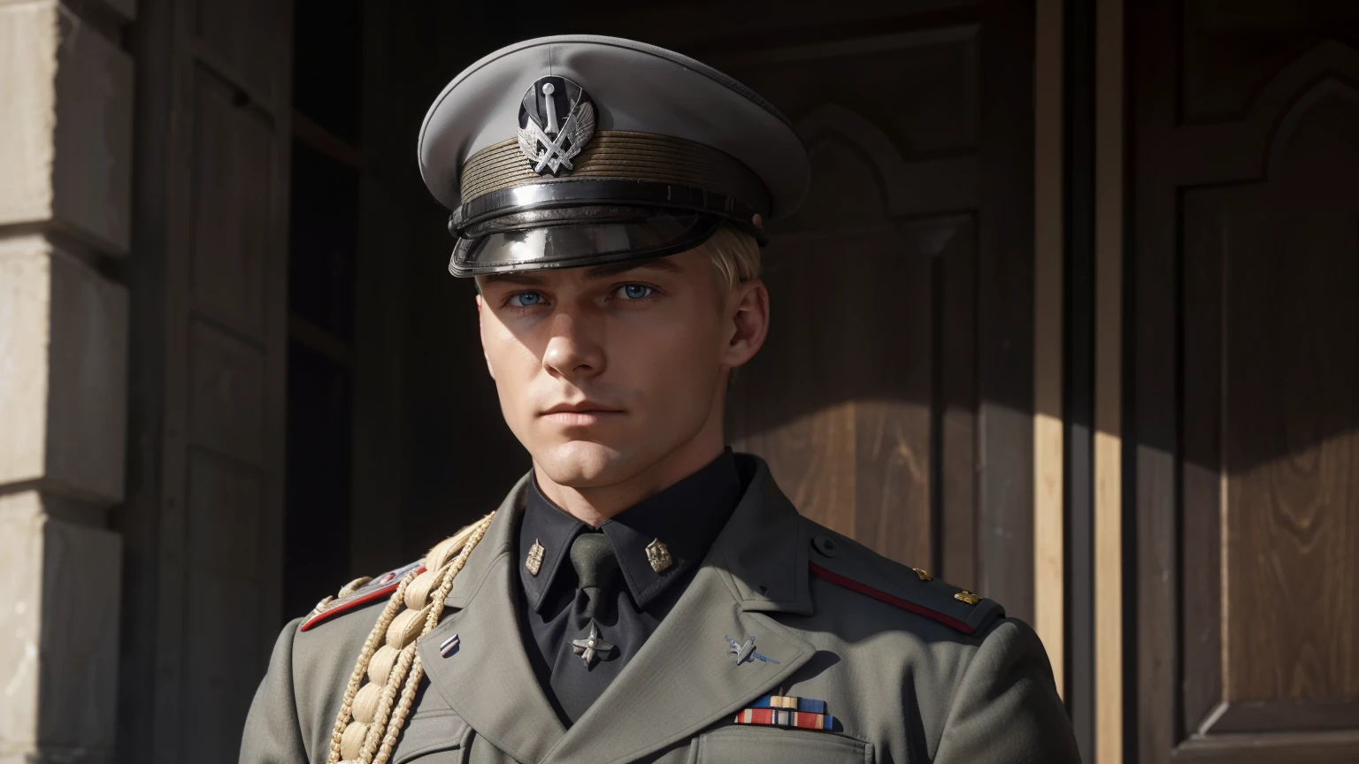 "Craft a vivid narrative depicting a strikingly handsome, blond-haired German military officer who serves as a high-ranking officer in the Waffen-SS during World War II. This officer, adorned in his grey military uniform and topped with a stern military cap, exudes an aura of chilling determination and lethal precision. His icy demeanor and merciless nature are palpable as he navigates the tumultuous landscapes of wartime Europe. Capture the essence of his presence on the battlefield, portraying both his tactical brilliance and the ferocity with which he executes his duties. Explore the complexities of his character, delving into the moral ambiguity that comes with his allegiance and actions within the context of history's most tumultuous conflict." uper fine face, super fine eyes, super fine nose, super fine mouth, perfect face, blue eyes, black uniform, uniform, ww2 soldier uniform, ww2 german soldier officer uniform, waffen ss uniform, Wehrmacht uniform, super realistic waffen ss uniform.