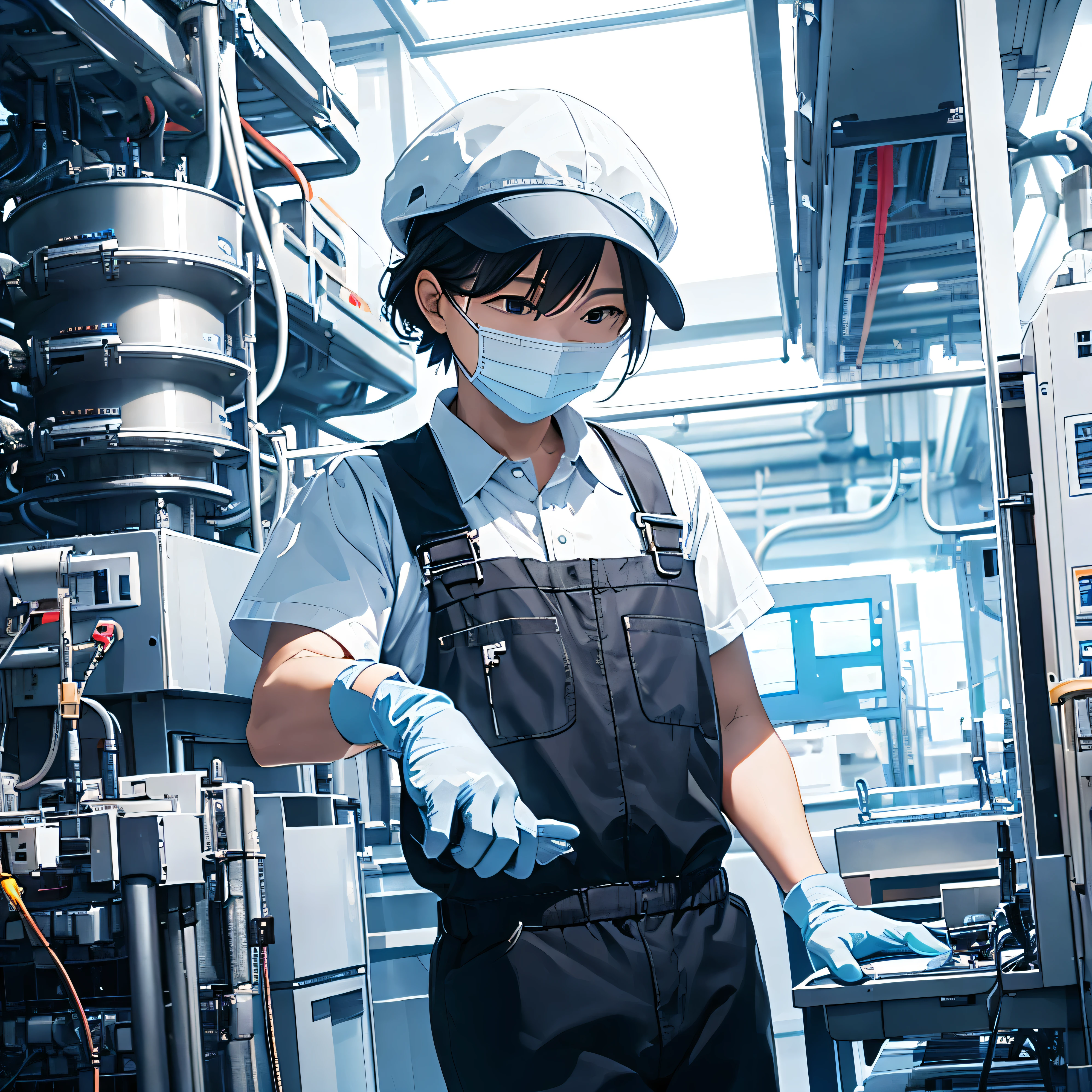 A worker wearing gloves and a hat works in a semiconductor factory
