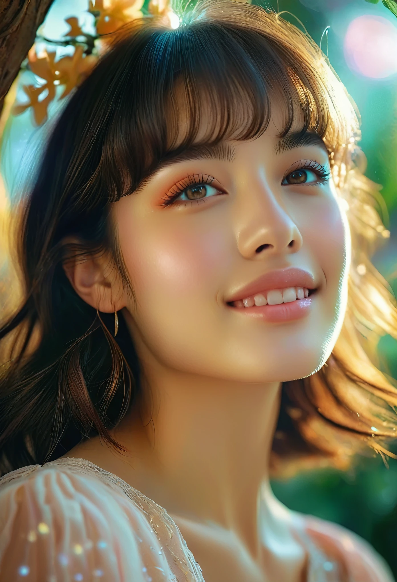 (Top Quality, Super Detailed, Realistic: 1.37), Beautiful Detailed Eyes, Beautiful Detailed Lips, Highly Detailed Face, Long Eyelashes, 1 Girl, 18 Years Old, French-Japanese mix, lapis lazuli eyes, Soft Whisper, Dreamy Gaze, lightness, perfect skin, pure innocence, delicate features, youthful radiance, elegant charm, charismatic presence, (short hair:1.5), (Straight across bangs:1.4), graceful beauty, feminine elegance, charming A smile, a captivating aura, a radiant personality, vibrant energy, a subtle color palette, a touch of fantasy, a magical glow, a garden arbor background, the faint scent of flowers, soft sunlight filtering through the trees, a peaceful atmosphere, Whimsical art style, sublime compositions, delicate brushstrokes, impressionistic details, subtle contrasts, cultural fusion, magic realism, vibrant colors, and mesmerizing portraits. (wearing T-shirt:1.2), (symmetrical faces:1.3).moist skin, detailed skin texture, (There are faint freckles:1.0), mystical aura, sparkling, dynamic angle, White skin, high nose, thick eyebrows, (good anatomy:0.5), (dreamy atmosphere:1.1), (Subtle colors and tones:1.2), mystical aura, (cinematic lighting:1.6)