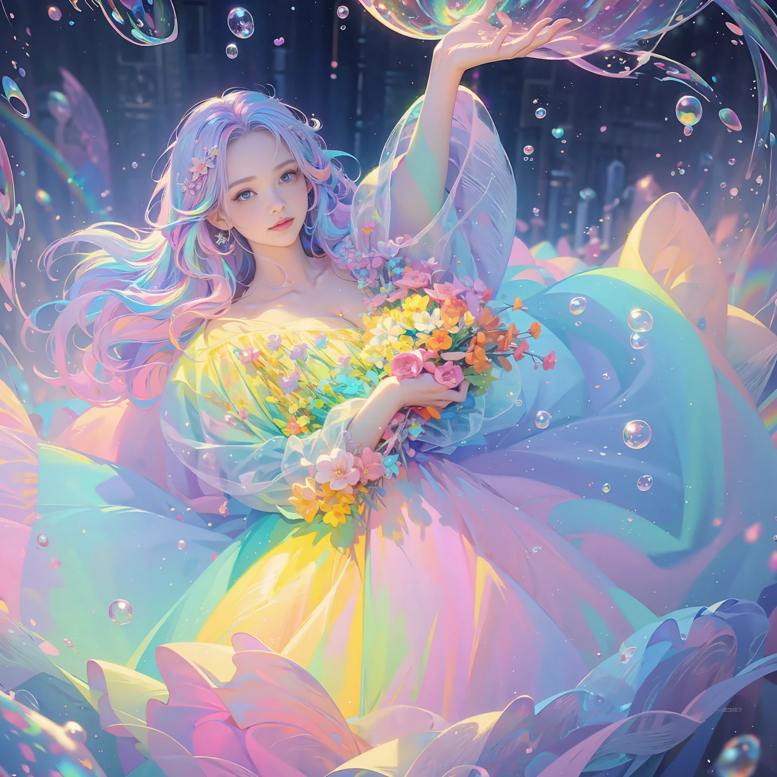 masterpiece, highest quality, Intricate details, Excellent anatomy、beautiful girl, Sparkling eyes, Otherworldly liquid fantasy background, watercolor, Bright and vibrant colors, Whimsical, colorful, Layered tiered puffy long sleeve ball gown, ((Rainbow bubbles))