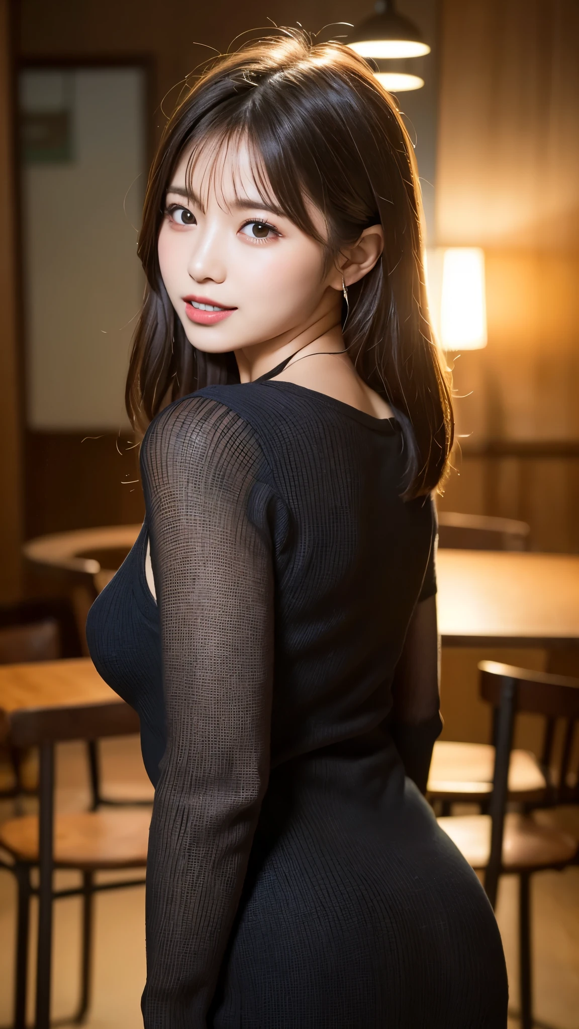 Tabletop, highest quality, figure, Very detailed, In detail, High resolution, 8k wallpaper, Perfect dynamic composition, Beautiful fine details,  Natural Lip, long sleeve black knit dress, Small breasts,  ランダムにcuteポーズ,RAW Photos,KPOP idol faces,cute,Face close-up，BREAK ceremony,((Random sexy poses、put in、Deep joy, Ecstatic eyes:1.2)), ((I gasp hard:1.2))、Ecstatic face、Climax expression, Through clenched teeth、My whole body is convulsing、Official Art，Very detailed CG Unity 8k 壁紙, (masterpiece:1.0),(highest quality:1.0), photo shoot, 8k, Browsing Caution, High resolution, Kodak Portrait 400, Film Grain, Lens flare brilliance,Very low camera angle, View your viewers, Back view, squat