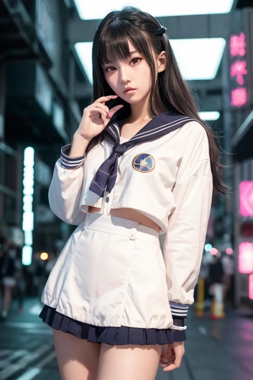 Cyborg Girl, Cyberpunk Girl, Digital Cyberpunk Art, (Digital Cyberpunk Art), cute、Ultra high definition、masterpiece、correct、Anatomically correct、Textured skin、Very detailed、High detail、high quality、最high quality、High resolution、8k、Raw photo、whole body、Beautiful age Woman、One Japanese woman、Big beautiful eyeedium chest、(Short black hair)、(((high school girl)))、(((Wearing a sailor suit)))、(((Cyberpunk Sailor Suit)))