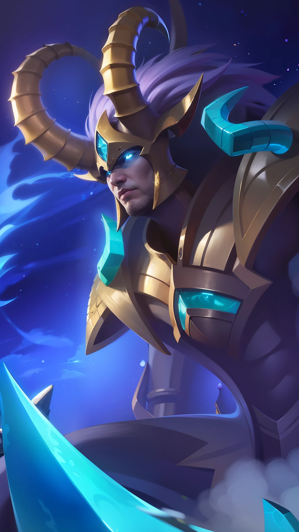 a guy with a sword and a helmet, Masterpiece, ultra HD, detailed all picture, a close up of a devil, dyrroth from mobile legend, evil, extremely detailed artgerm, mobile legends character, inspired by Dyrroth, Six pack chest and abs, black jewel above the chest, light blue eyes, angry.