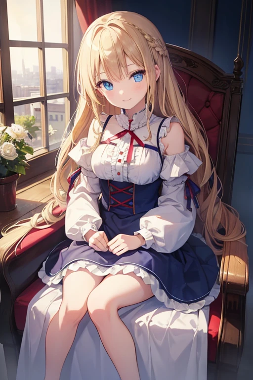 masterpiece, highest quality, High resolution, ****************、Blue eyes、
Blonde,  Uncertain smile、Braiding、Crimson frill dress, Clothes with puffy shoulders、flare skirt、Very long skirt、city、Sitting on the throne