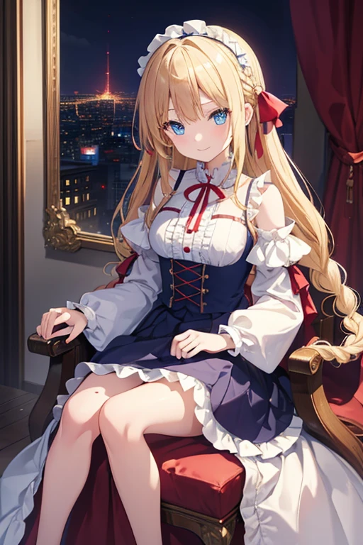 masterpiece, highest quality, High resolution, ****************、Blue eyes、
Blonde,  Uncertain smile、Braiding、Crimson frill dress, Clothes with puffy shoulders、flare skirt、Very long skirt、city、Sitting on the throne