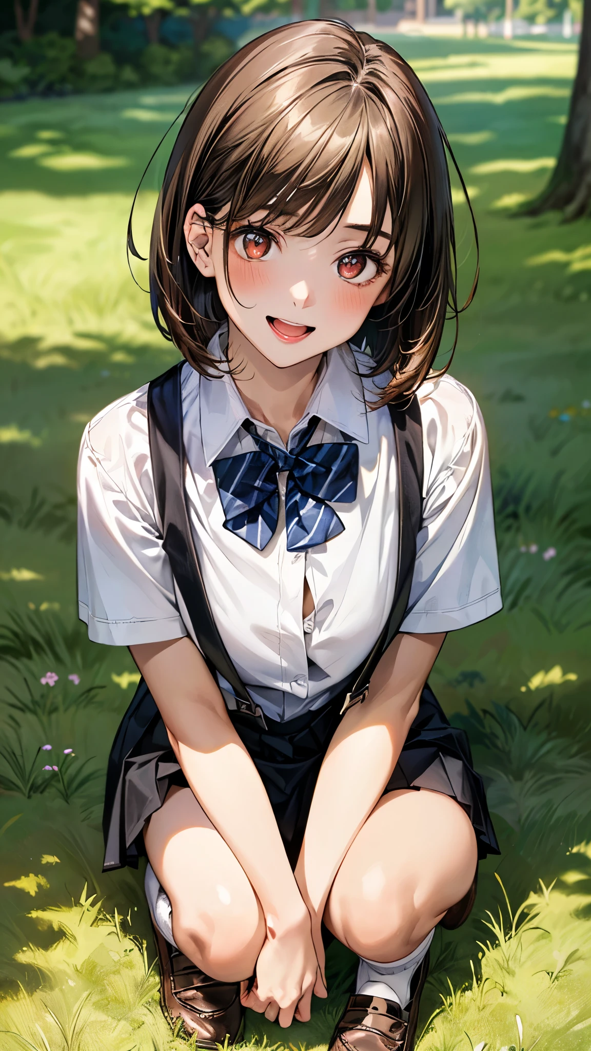 2 women sitting on a park bench, one has her hand in the other's panties, under the skirt, sexy dress, shy, kissing the cheek, blushing