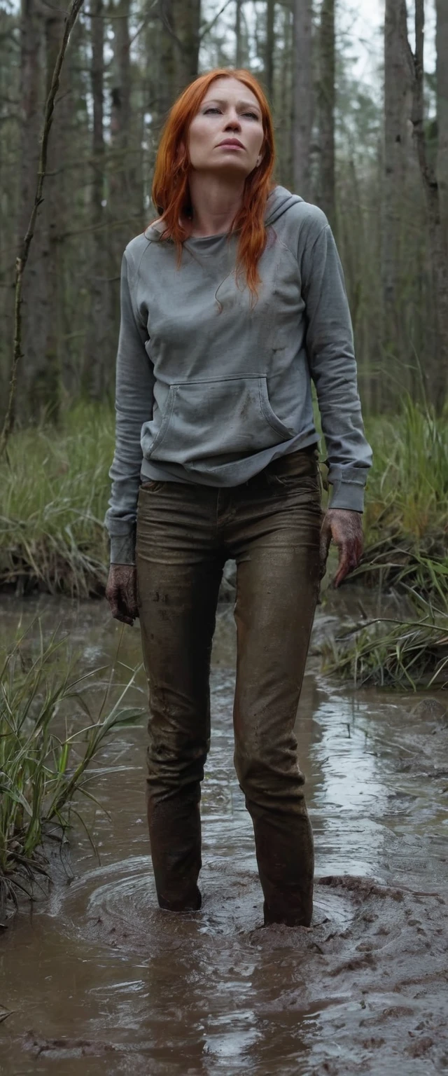 Hyper-realistic, ultradetailed, Raw, masterpiece. dark forest. 40-years-old woman is caught drowning in a quicksand sticky cement bog. The swamp sexually devours her body. ((on face: fright, depraved)). ((soaked muddy jeans)), (sweatshirt), shortness of breath, shameful, loses control of himself, ((Trapped in lust, defenseless)), Copper-red hair, sweat, hard breath