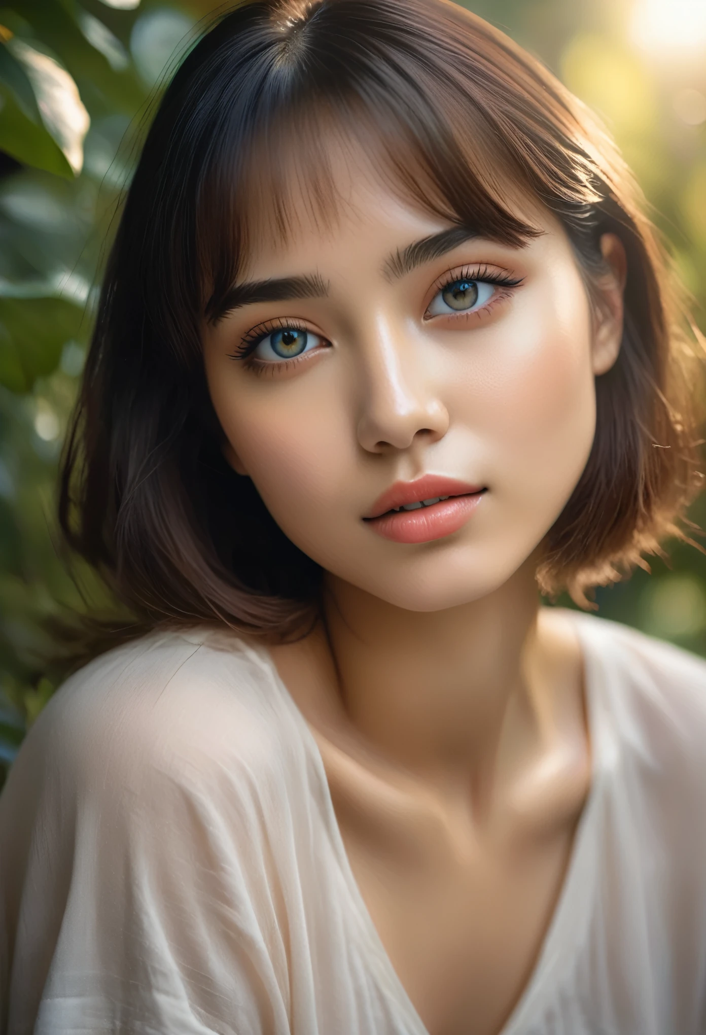 (Top Quality, Super Detailed, Realistic: 1.37), Beautiful Detailed Eyes, Beautiful Detailed Lips, Highly Detailed Face, Long Eyelashes, 1 Girl, 18 Years Old, French-Japanese mix, lapis lazuli eyes, Soft Whisper, Dreamy Gaze, lightness, perfect skin, pure innocence, delicate features, youthful radiance, elegant charm, charismatic presence, (short hair:1.5), (Straight across bangs:1.4), graceful beauty, feminine elegance, charming A smile, a captivating aura, a radiant personality, vibrant energy, a subtle color palette, a touch of fantasy, a magical glow, a garden arbor background, the faint scent of flowers, soft sunlight filtering through the trees, a peaceful atmosphere, Whimsical art style, sublime compositions, delicate brushstrokes, impressionistic details, subtle contrasts, cultural fusion, magic realism, vibrant colors, and mesmerizing portraits. (wearing T-shirt:1.2), (symmetrical faces:1.3).moist skin, detailed skin texture, (There are faint freckles:1.2), mystical aura, sparkling, dynamic angle, White skin, high nose, thick eyebrows, (good anatomy:0.5), (dreamy atmosphere:1.1), (Subtle colors and tones:1.2), mystical aura, (cinematic lighting:1.6)
