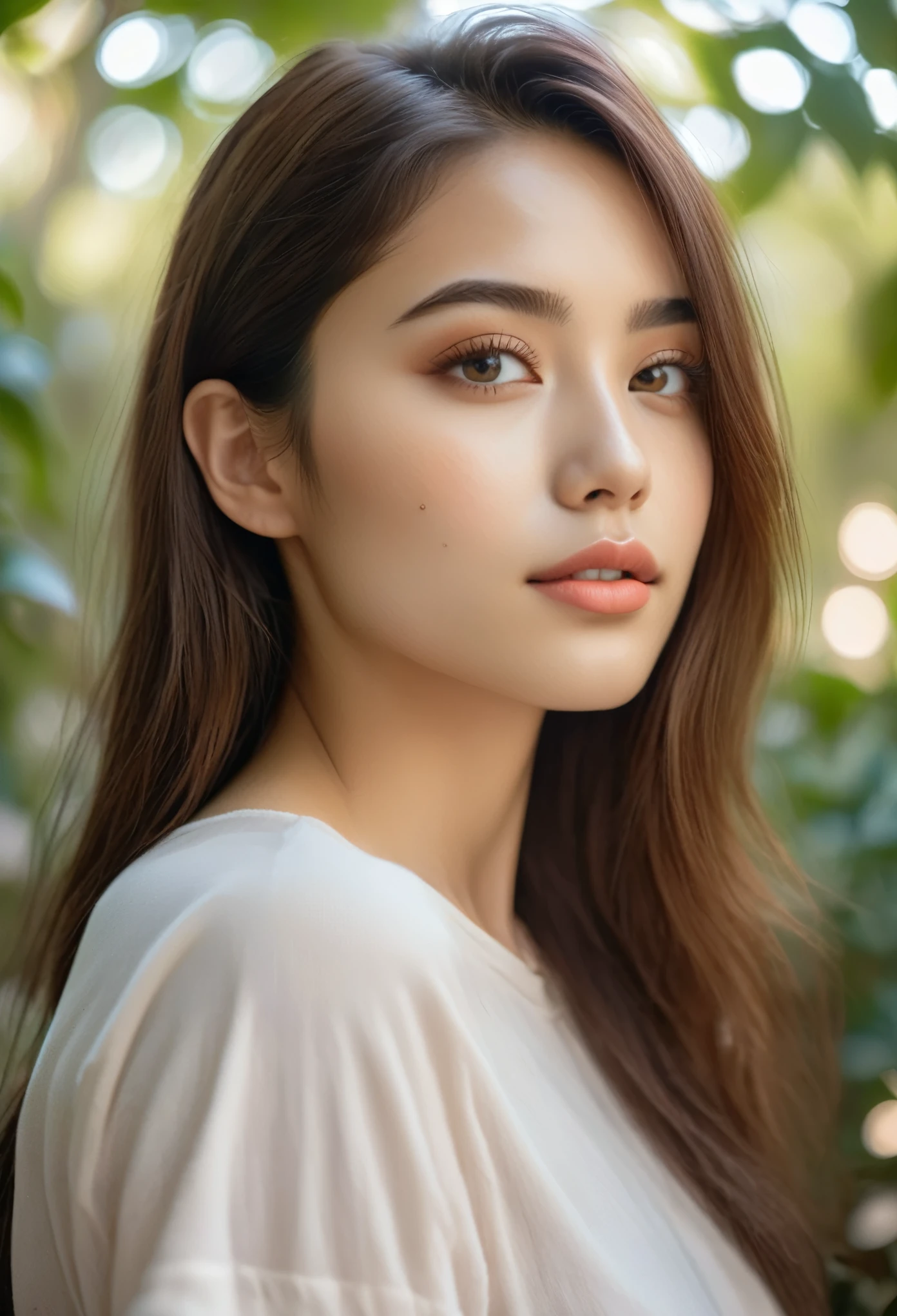 (Top Quality, Super Detailed, Realistic: 1.37), Beautiful Detailed Eyes, Beautiful Detailed Lips, Highly Detailed Face, Long Eyelashes, 1 Girl, 18 Years Old, French-Japanese mix, lapis lazuli eyes, Soft Whisper, Dreamy Gaze, lightness, perfect skin, pure innocence, delicate features, youthful radiance, elegant charm, charismatic presence, (short hair:1.5), (Straight across bangs:1.4), graceful beauty, feminine elegance, charming A smile, a captivating aura, a radiant personality, vibrant energy, a subtle color palette, a touch of fantasy, a magical glow, a garden arbor background, the faint scent of flowers, soft sunlight filtering through the trees, a peaceful atmosphere, Whimsical art style, sublime compositions, delicate brushstrokes, impressionistic details, subtle contrasts, cultural fusion, magic realism, vibrant colors, and mesmerizing portraits. (wearing T-shirt:1.2), (symmetrical faces:1.3).moist skin, detailed skin texture, (There are faint freckles:1.2), mystical aura, sparkling, dynamic angle, White skin, high nose, thick eyebrows, (good anatomy:0.5), (dreamy atmosphere:1.1), (Subtle colors and tones:1.2), mystical aura, (cinematic lighting:1.6)