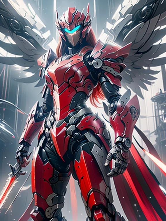 Photorealistic image ((Masterpiece)), ((high quality)) UHD 8K, of a beautiful girl, slim and realistic mecha transforming Robot, (medium chest), (skinny waist), (long red hair), (blue eyes), ((Hyper-realistic mecha armor, with red metal and intricate ice red lights)), (((front body view))), (in combat position, in a futuristic ship, science fiction