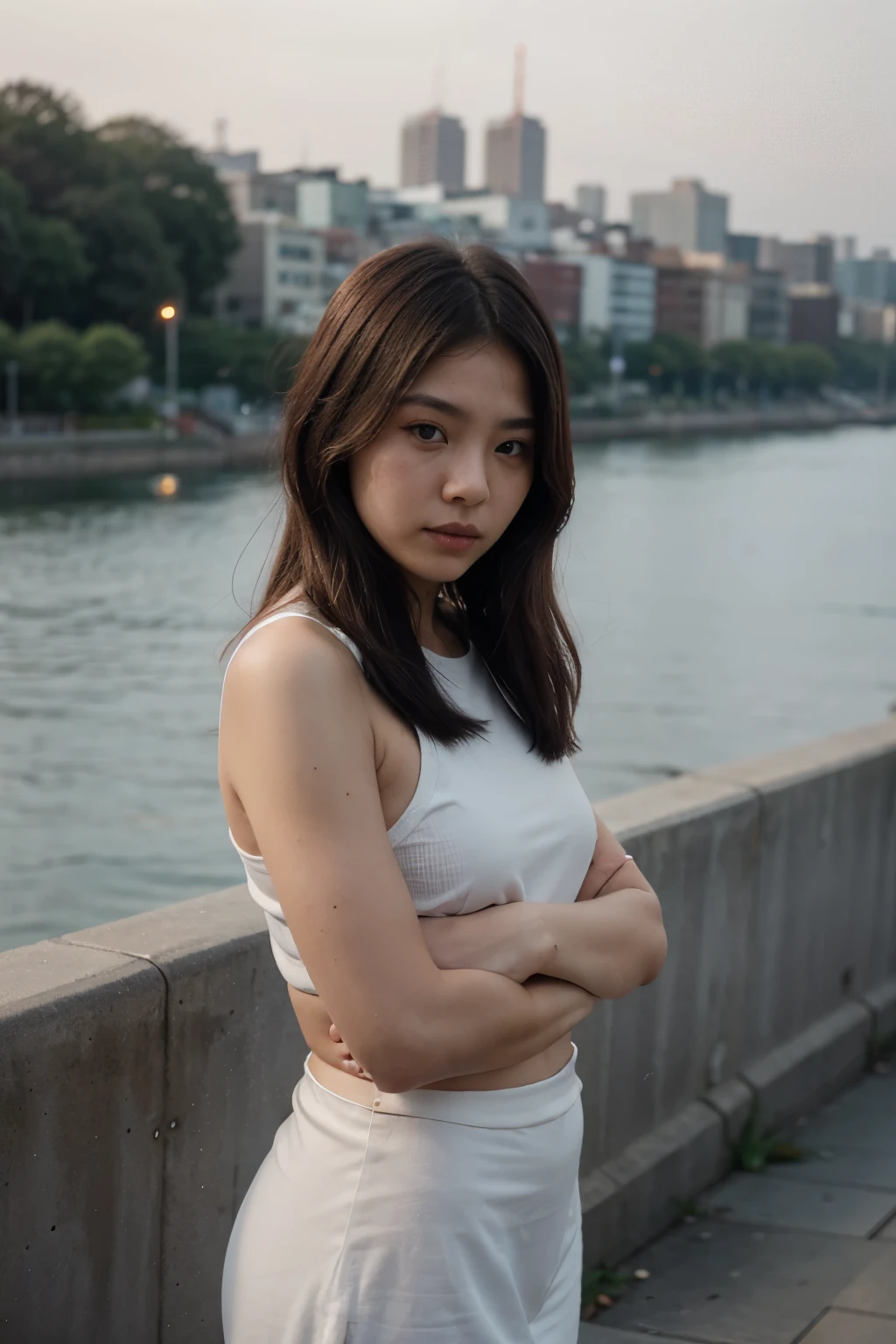 una, a 20-year-old Korean woman, stood on the bridge, watching the sun set over the Han River in Seoul. Her silver-gray hair shimmered softly in the twilight, a striking contrast to her youthfulness. She was deeply lost in thought, contemplating the path she had walked so far and pondering her uncertain future. Despite her young age, Yuna carried a wisdom far beyond her years, gained through experiences few people her age had gone through. She wondered what the future held for her, but she was ready to face any challenges with strength and determination.